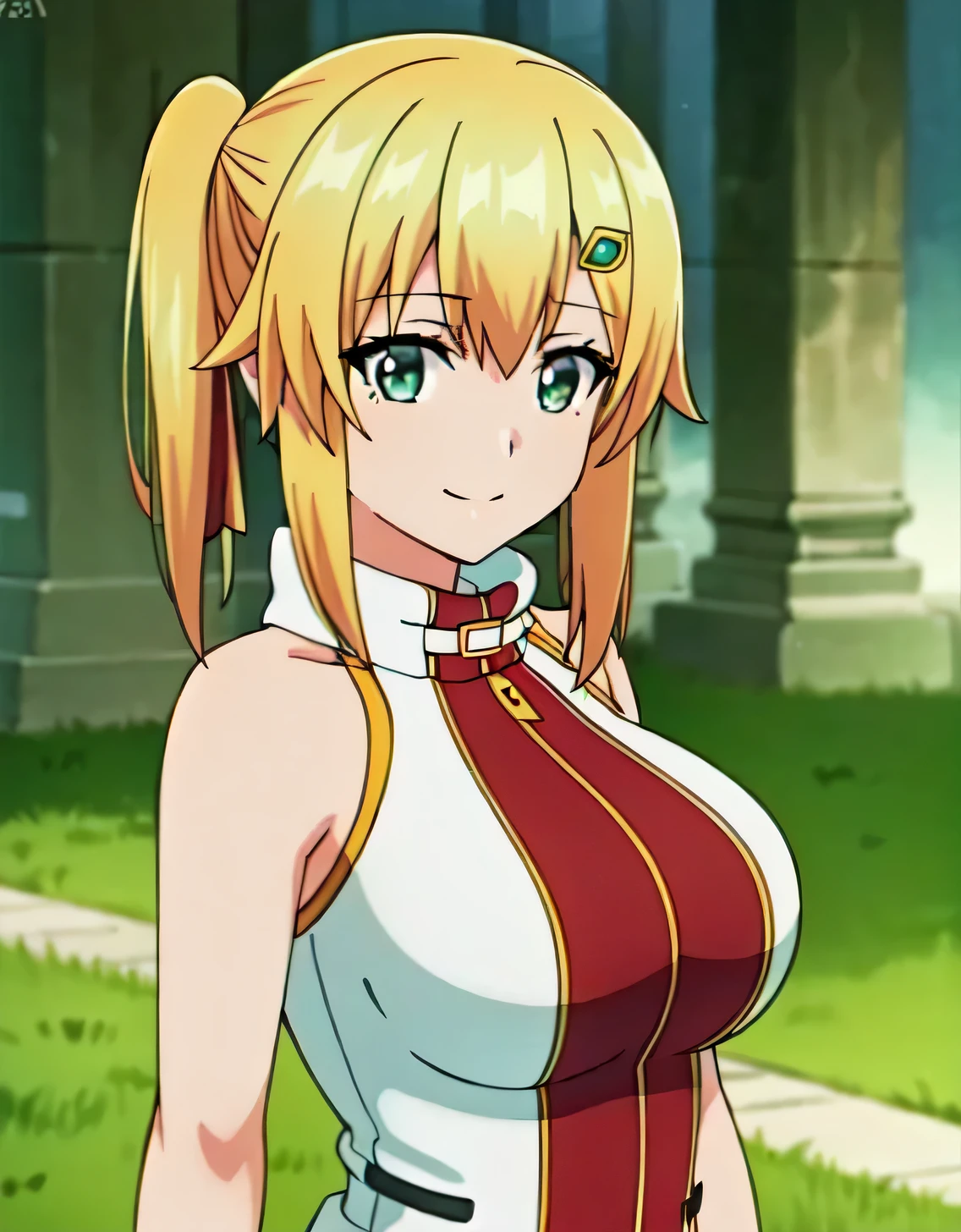 ultra-detailed,absurdres,Emma Brightness,blonde hair, smile,green eyes,single side ponytail, looking at viewer, hair ornament,hair ribbon, sleeveless, bare shoulders,(Large breasts:1.5),Looking at Viewer,Standing,(((masterpiece))),((Best Quality)),Perfect Anatomy,8K UHD,extremely detailed face,gloss and shiny,((1girl)),((Solo)),Beautiful detailed eyes,perfect Image,(Upper body:1.1),(Look at the front:1.1),Arms behind back,Slim waist,(shiny hair),