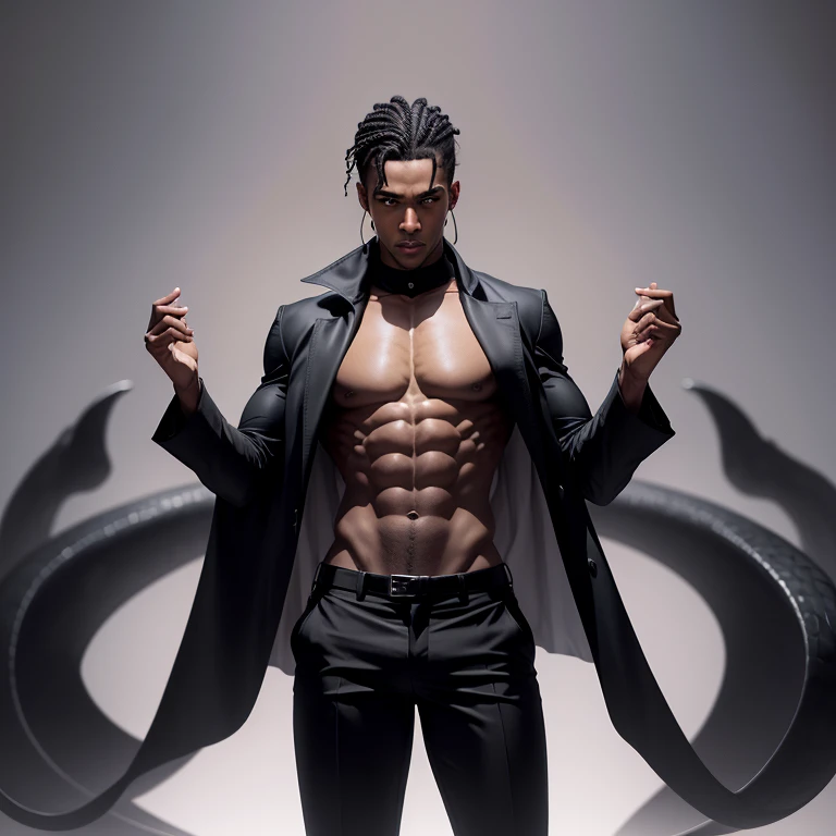 estilo realista, homem negro, with mysterious black pants, with hands raised to face level, varias serpentes vermelhas grandes enroladas em seu corpo
