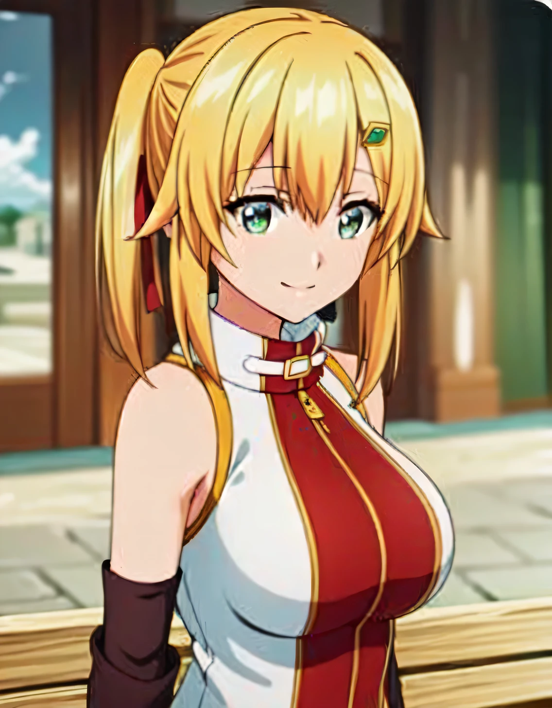 ultra-detailed,absurdres,Emma Brightness,blonde hair, smile,green eyes,single side ponytail, looking at viewer, hair ornament,hair ribbon, sleeveless, bare shoulders,(Large breasts:1.5),Looking at Viewer,Standing,(((masterpiece))),((Best Quality)),Perfect Anatomy,8K UHD,extremely detailed face,gloss and shiny,((1girl)),((Solo)),Beautiful detailed eyes,perfect Image,(Upper body:1.1),(Look at the front:1.1),Arms behind back,Slim waist,(shiny hair),