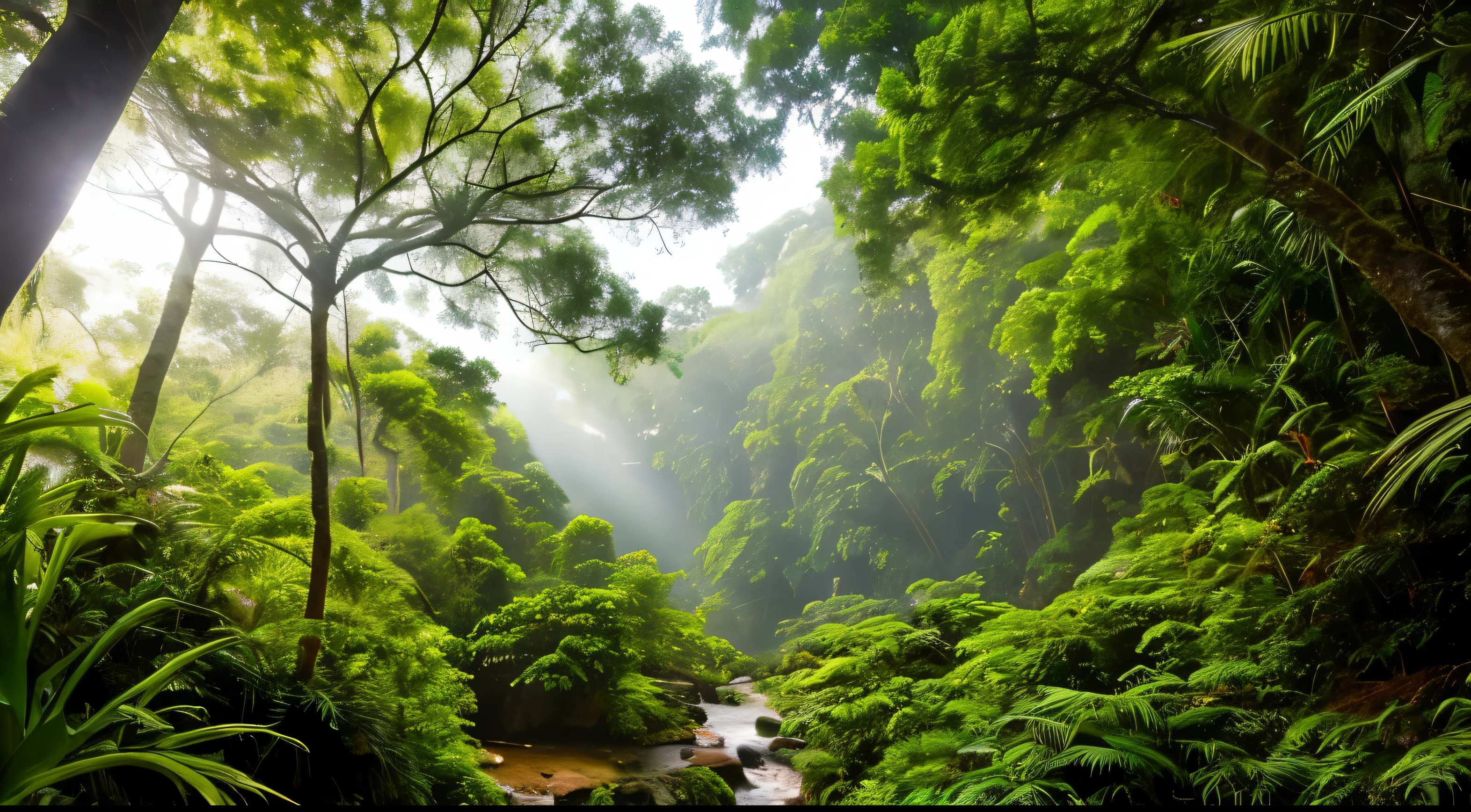 Una cascada cristalina fluye sobre rocas cubiertas de musgo en lo profundo de una exuberante selva tropical. El agua cae sobre un estanque azul verdoso rodeado de helechos y bromelias gigantes. Una neblina ondulante flota sobre la cascada, difuminando el fondo en un misterio. Huge tropical trees like kapok and ceiba trees rise into an emerald green canopy, con lianas oscilando entre sus ramas. Dense foliage is full of life, with brightly colored exotic birds like toucans, Macaws and quetzals fluttering through the canopy. Sunlight filters in golden rays through the treetops. It is a magical and primordial sight that seems lost in time, Captured with the composition and chromatic richness of professional landscape photography.