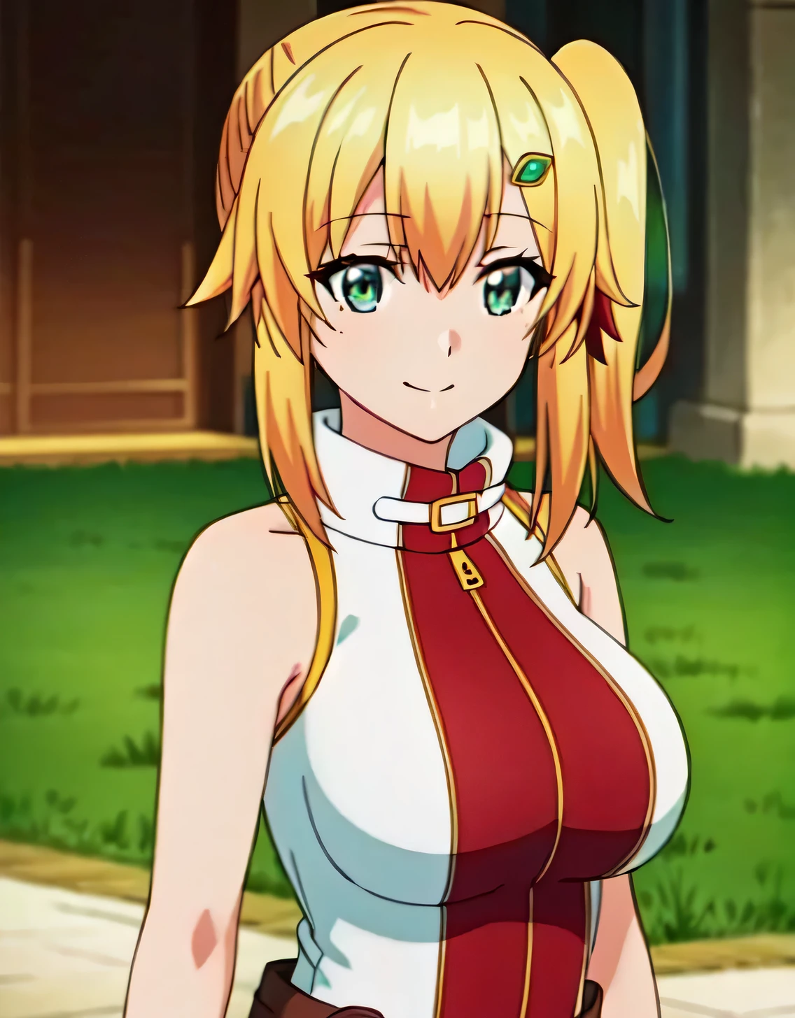 ultra-detailed,absurdres,Emma Brightness,blonde hair, smile,green eyes,single side ponytail, looking at viewer, hair ornament,hair ribbon, sleeveless, bare shoulders,(Large breasts:1.5),Looking at Viewer,Standing,(((masterpiece))),((Best Quality)),Perfect Anatomy,8K UHD,extremely detailed face,gloss and shiny,((1girl)),((Solo)),Beautiful detailed eyes,perfect Image,(Upper body:1.1),(Look at the front:1.1),Arms behind back,Slim waist,(shiny hair),