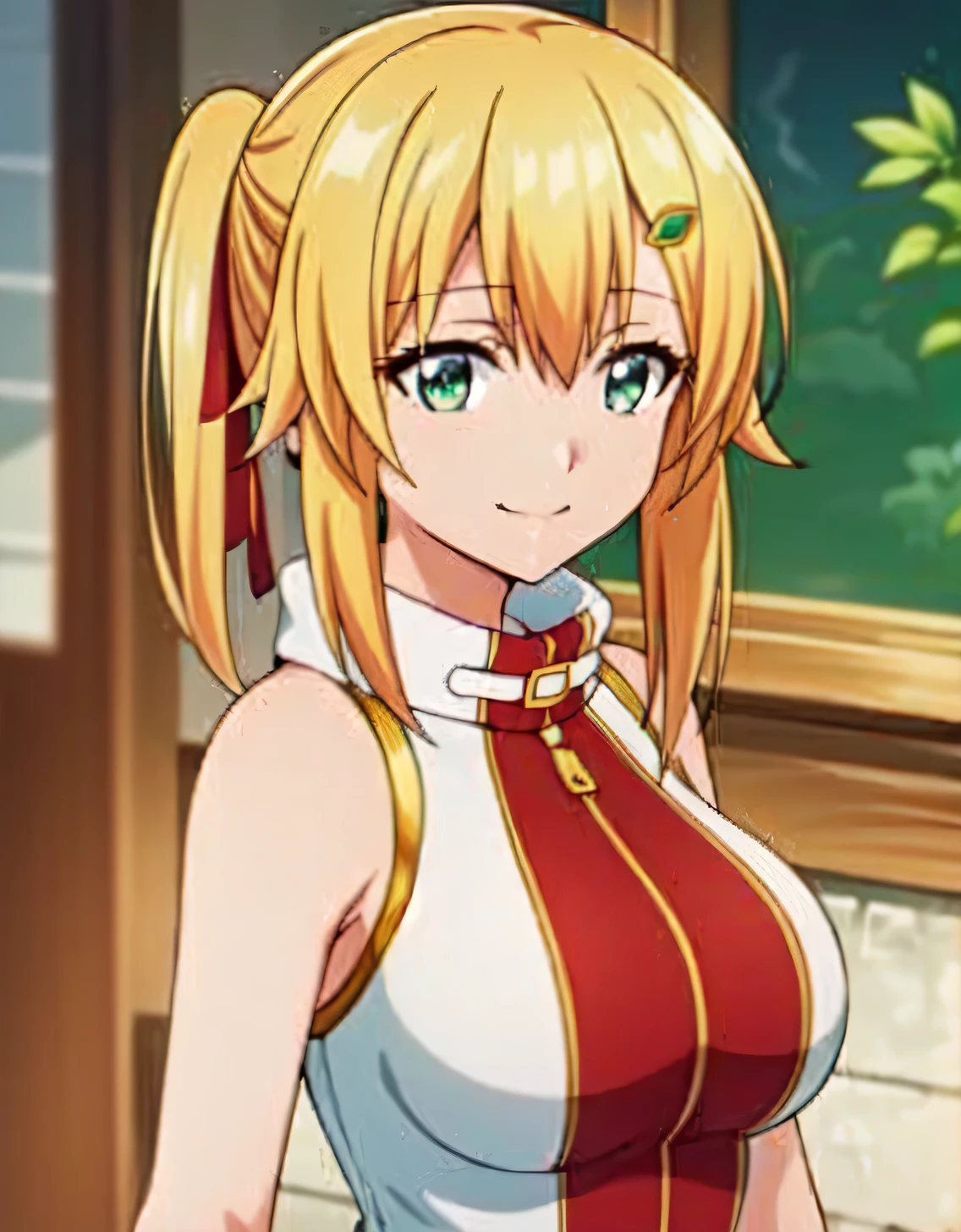 ultra-detailed,absurdres,Emma Brightness,blonde hair, smile,green eyes,single side ponytail, looking at viewer, hair ornament,hair ribbon, sleeveless, bare shoulders,(Large breasts:1.5),Looking at Viewer,Standing,(((masterpiece))),((Best Quality)),Perfect Anatomy,8K UHD,extremely detailed face,gloss and shiny,((1girl)),((Solo)),Beautiful detailed eyes,perfect Image,(Upper body:1.1),(Look at the front:1.1),Arms behind back,Slim waist,(shiny hair),