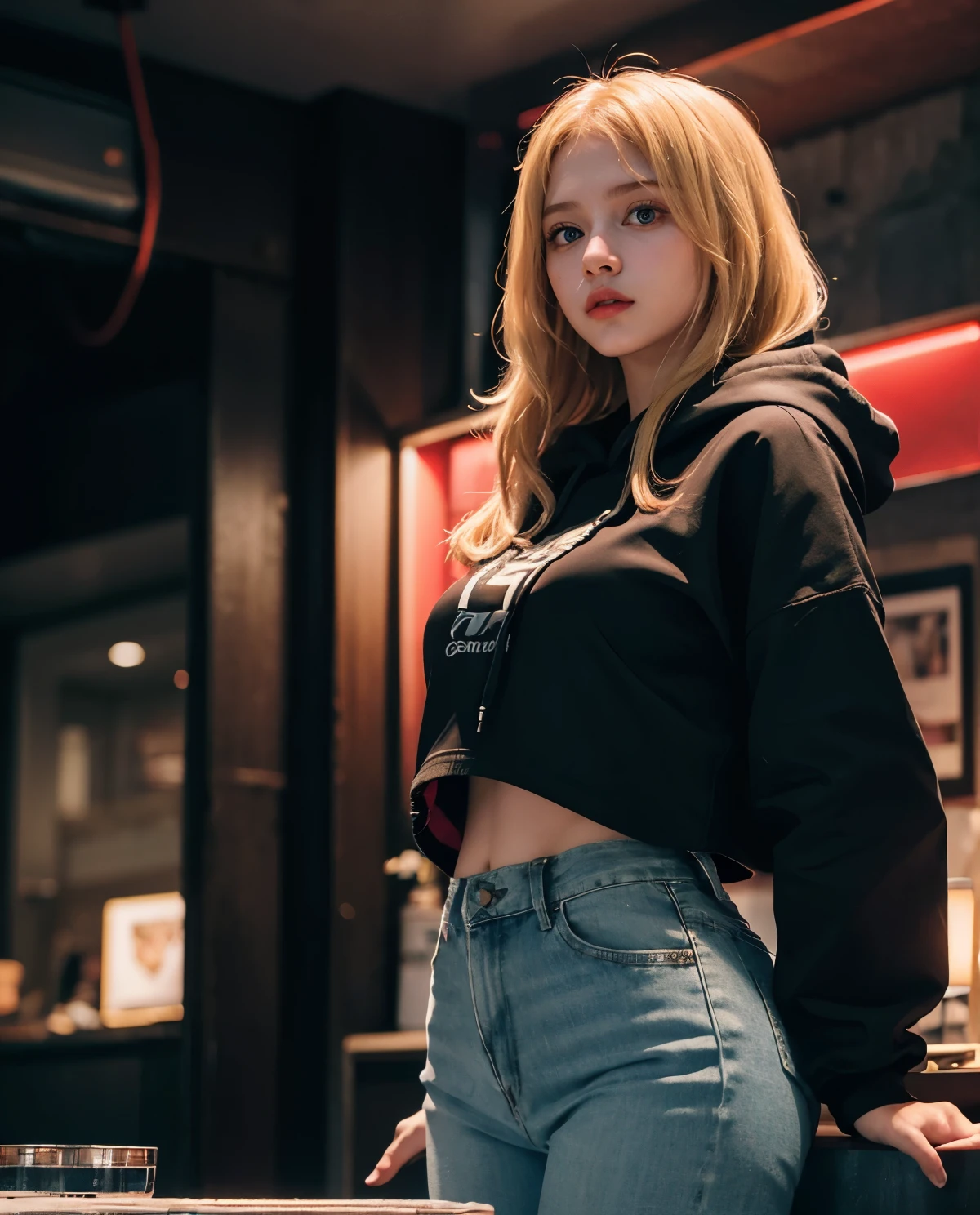 1girl, Blue eyes, (scared face :1.2), (Sana Minatozaki), wide hips, Big Boobs, big ass, (Best Quality, 8k, Masterpiece: 1.3), perfect hands, Clear Focus: 1.2, Perfect Body Beauty: 1.4 , Strongs Abs: 1.2, Highly detailed face and skin texture, detailed eyes, double eyelids, (blonde long hair :1.1), (black hoodie :1.2), jeans, standing, ((low light :1.4)), (red light :1.3), dark room
