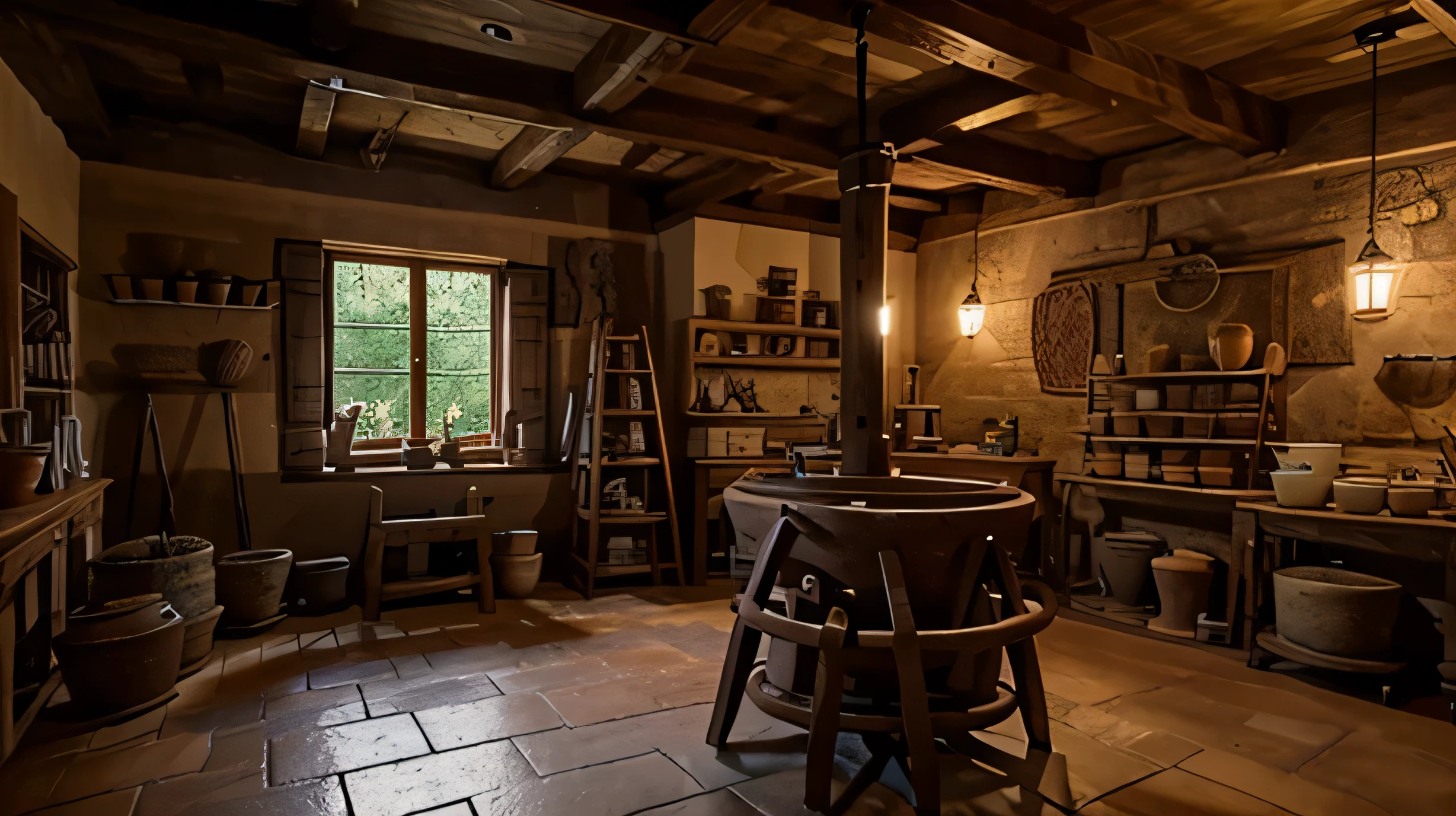 A rustic pottery studio with a spinning wheel, clay pots, and a warm, inviting ambiance.