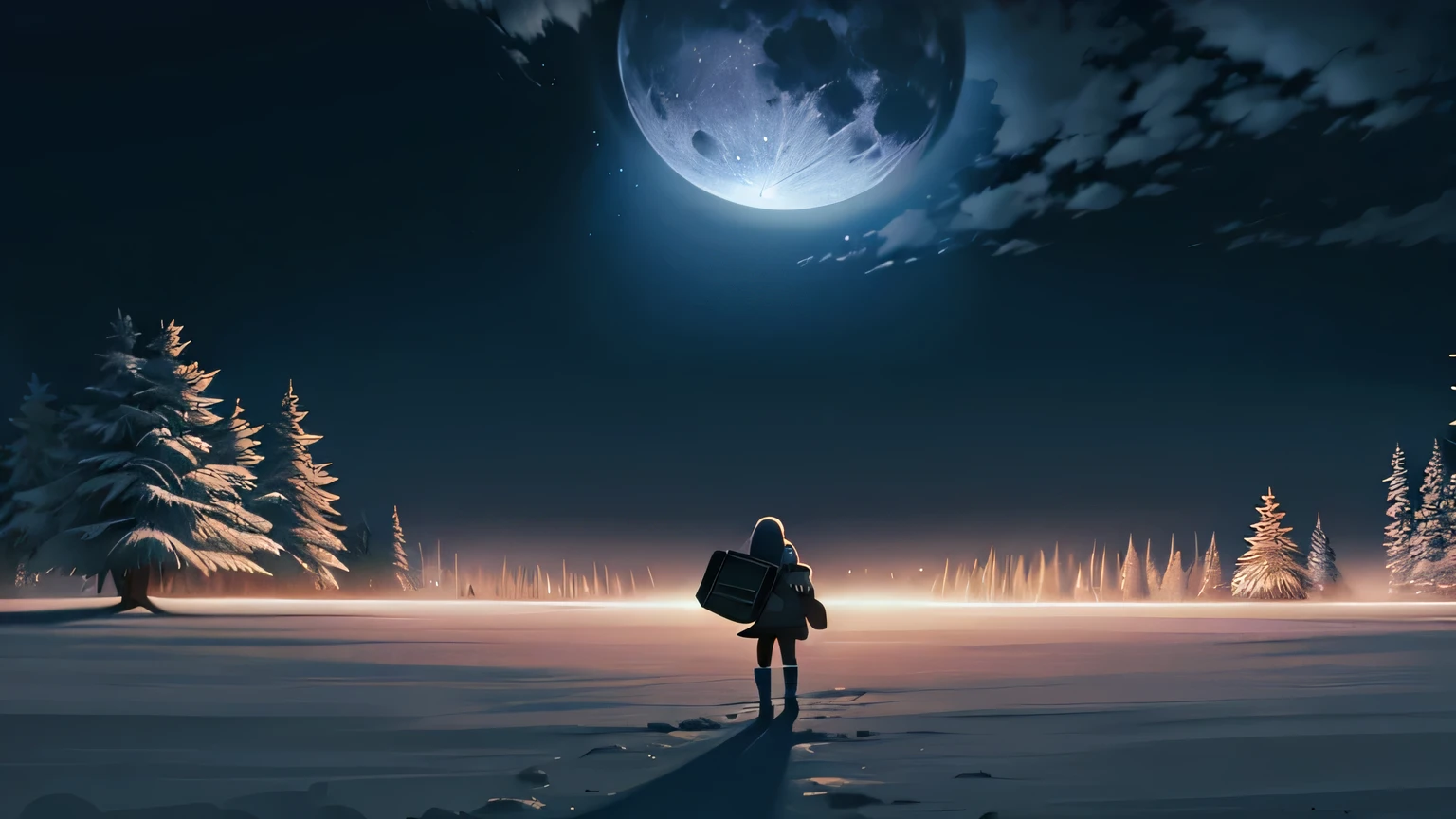 There is a young woman walking in the snow with a backpack on her back.、walking towards the full moon、Look at the moon、満Look at the moon、walking in the moon、with the moon in the background、focused on the moon、A big moon inspired by Jessica Rossier right in front of you、winter night、night sky。8k、dreamy atmosphere on a moonlit night
