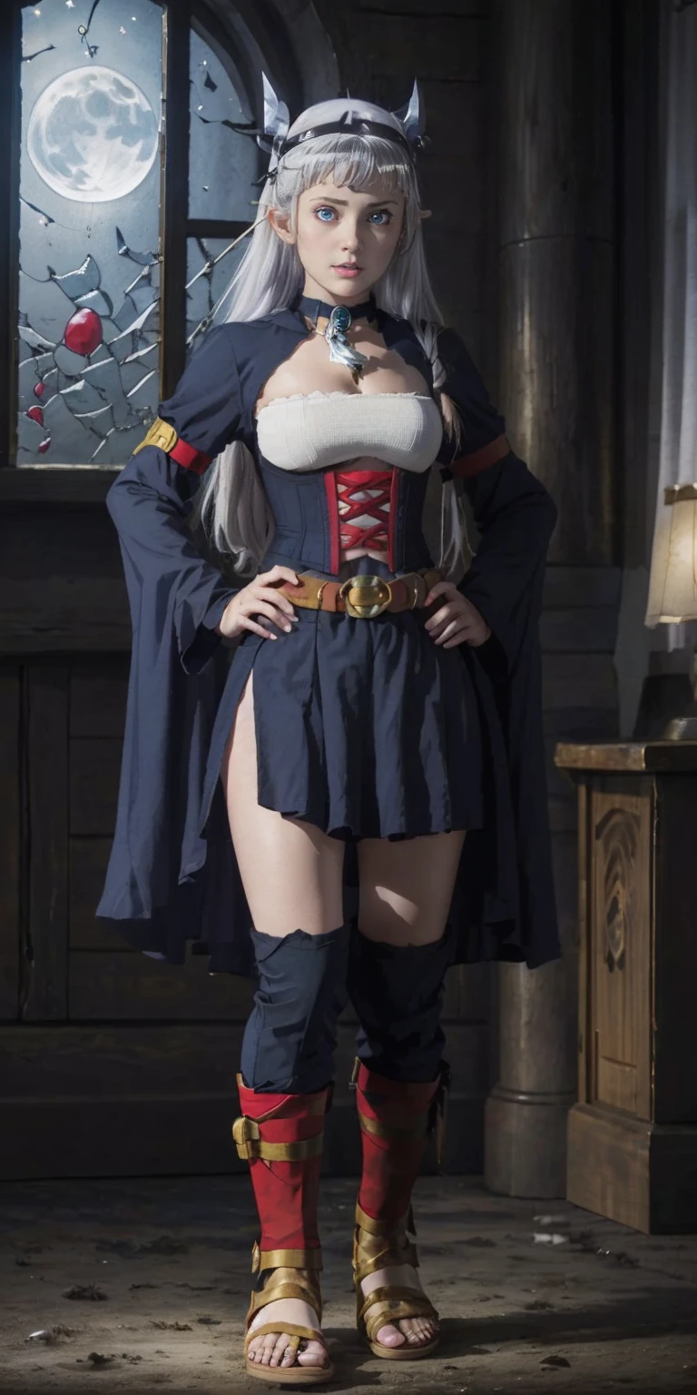 paladin lady in ornate golden armor, black collar, pauldrons, breastplate, corset, glowing halo, single braid, blonde, yellow glowing eyes, bright pupils, eye focus, red cape, temple indoors, stained glass windows, night, moonlight, particles, light beam, chromatic aberration, (full body, whole body. 1solo (girl). slave fighter, loincloth standing, hands on hips full body, whole body. 1solo (girl). slave fighter, loincloth standing, hands on hips, metal sandals, backpack, choker, big belt, view from below, feet together, bracers, tiara)