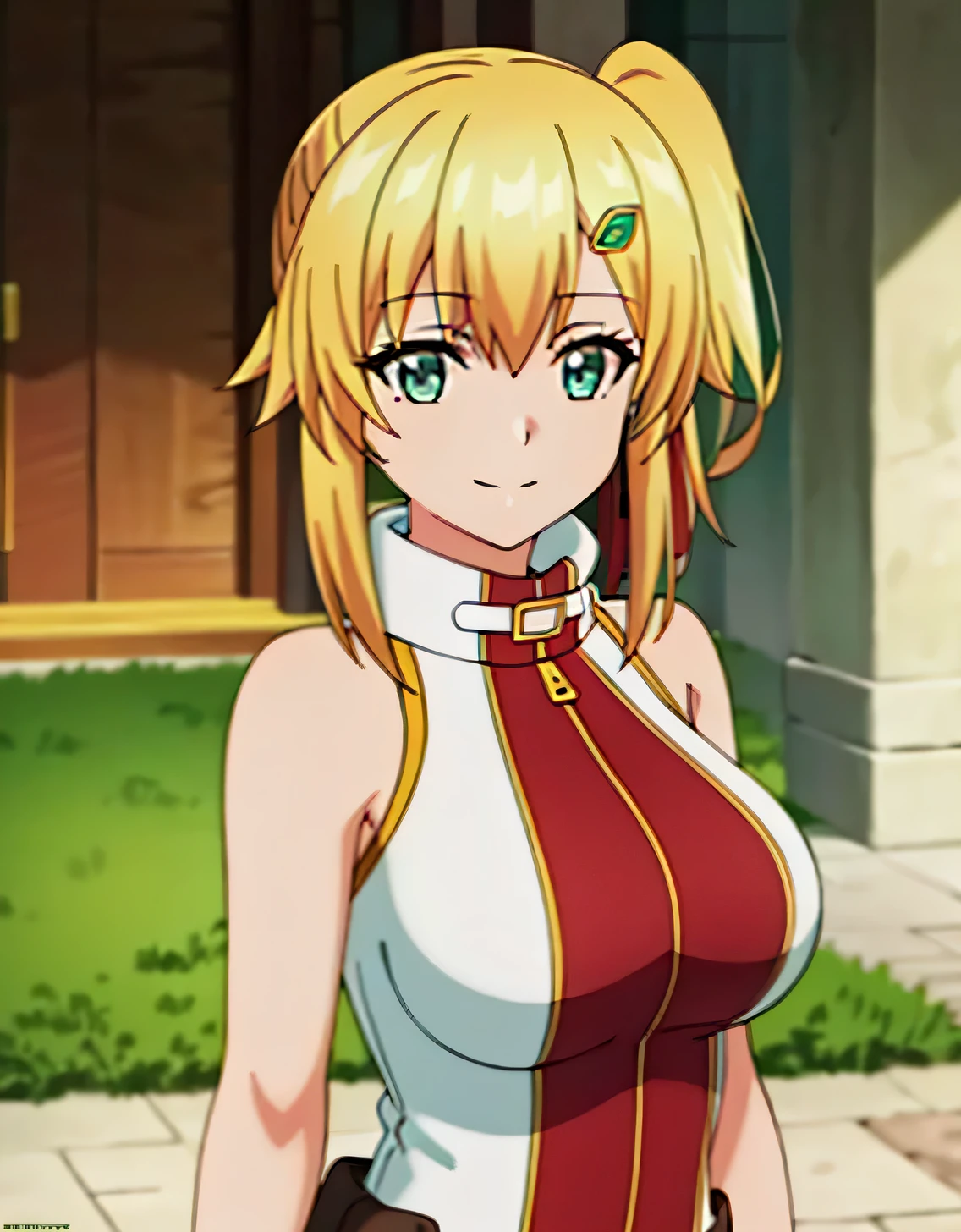 ultra-detailed,absurdres,Emma Brightness,blonde hair, smile,green eyes,single side ponytail, looking at viewer, hair ornament,hair ribbon, sleeveless, bare shoulders,(Large breasts:1.5),Looking at Viewer,Standing,(((masterpiece))),((Best Quality)),Perfect Anatomy,8K UHD,extremely detailed face,gloss and shiny,((1girl)),((Solo)),Beautiful detailed eyes,perfect Image,(Upper body:1.1),(Look at the front:1.1),Arms behind back,Slim waist,(shiny hair),