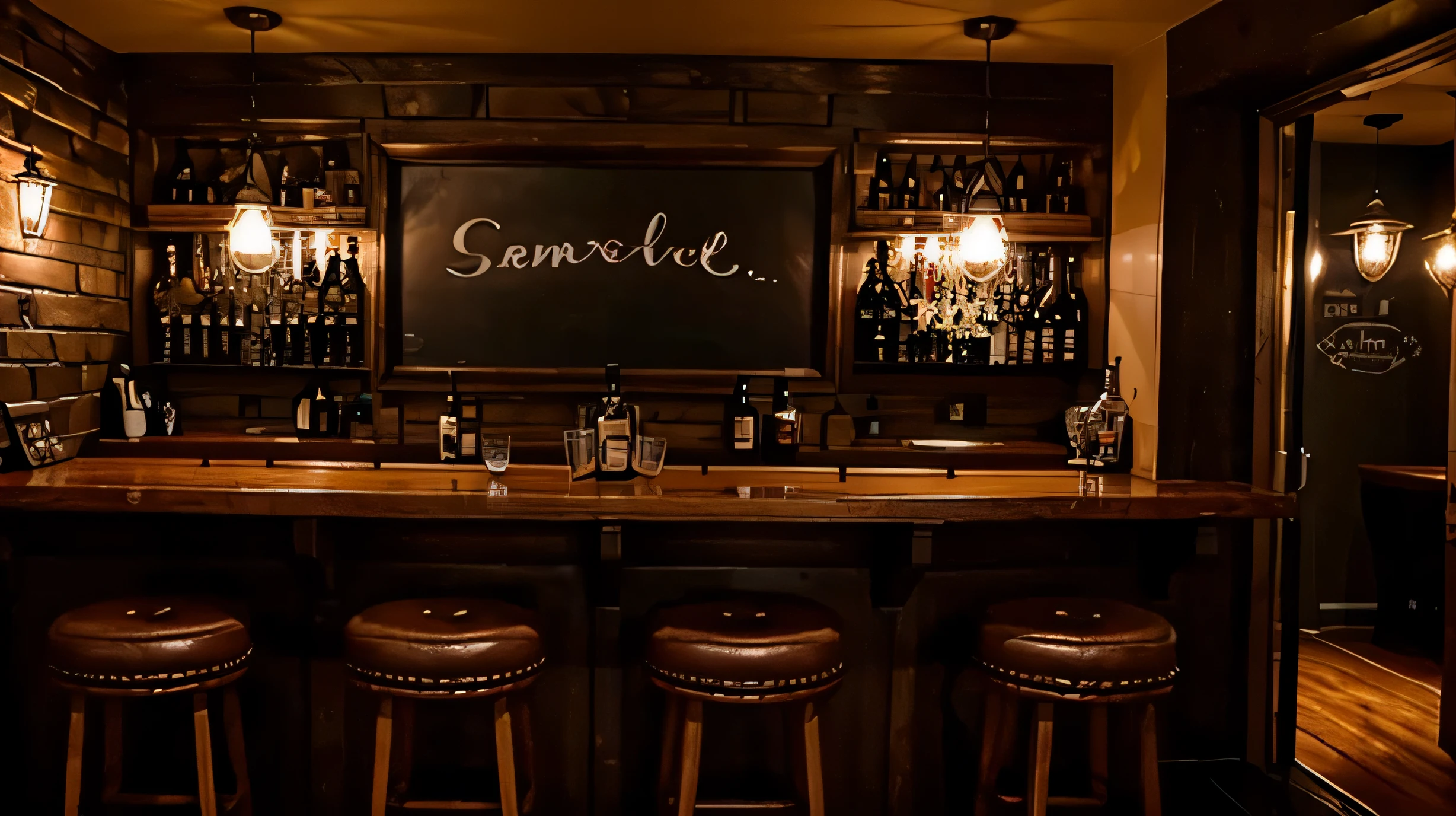 A small, cozy bar with dim lighting, comfortable stools.