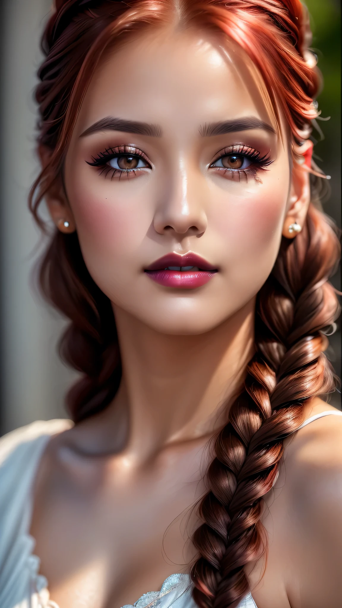 Ultra-realistic、 ultra-detailed primetime portraits、 最high quality、 8K, highest level、 The ultra -The high-definition)、(Super beautiful)、(beautiful face:1.5)、(detailed face:1.5)、(detailed eyes:1.2)、(detailed lips:1.35)、(Detailed nose:1.2)、1girl:1.4 (22 years old)、fashion supermodel、 real:1.55、photorealistic:1.55、very delicate and beautiful、fine details、masterpiece、 最high quality、 high quality、 High resolution、 (Glamour、 paparazzi taking pictures of her)、 (light、 side-braids low medium bright_red hair、 extremely detailed)、 high contrast、 (dark shot:1.05)、 Long 2blue_eyelashes:1.4、 (bright_eyeshadows:1.25)、 ((Glossy)) red_lipstick:1.35、(perfect round eyes)、 ((brown_eyes:1.25))、 (dark_makeup:1.3)、(tanned matte skin:1.2)、 ((upper body shot))