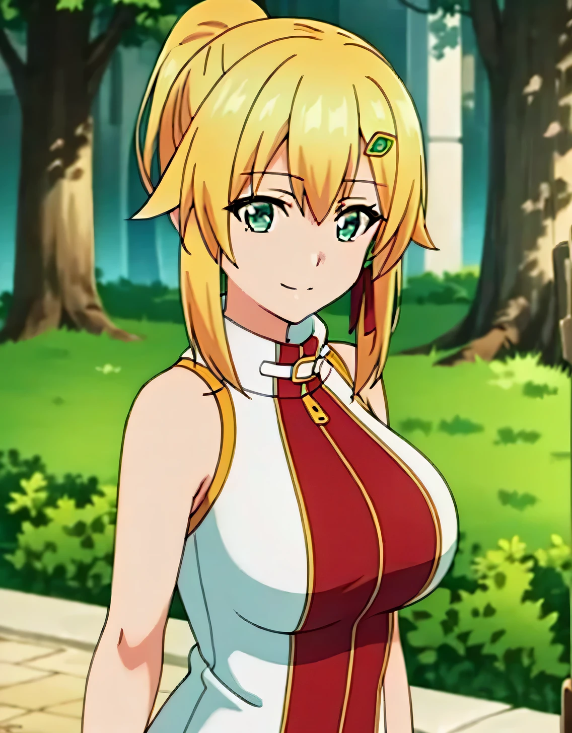 ultra-detailed,absurdres,Emma Brightness,blonde hair, smile,green eyes,single side ponytail, looking at viewer, hair ornament,hair ribbon, sleeveless, bare shoulders,(Large breasts:1.5),Looking at Viewer,Standing,(((masterpiece))),((Best Quality)),Perfect Anatomy,8K UHD,extremely detailed face,gloss and shiny,((1girl)),((Solo)),Beautiful detailed eyes,perfect Image,(Upper body:1.1),(Look at the front:1.1),Arms behind back,Slim waist,(shiny hair),