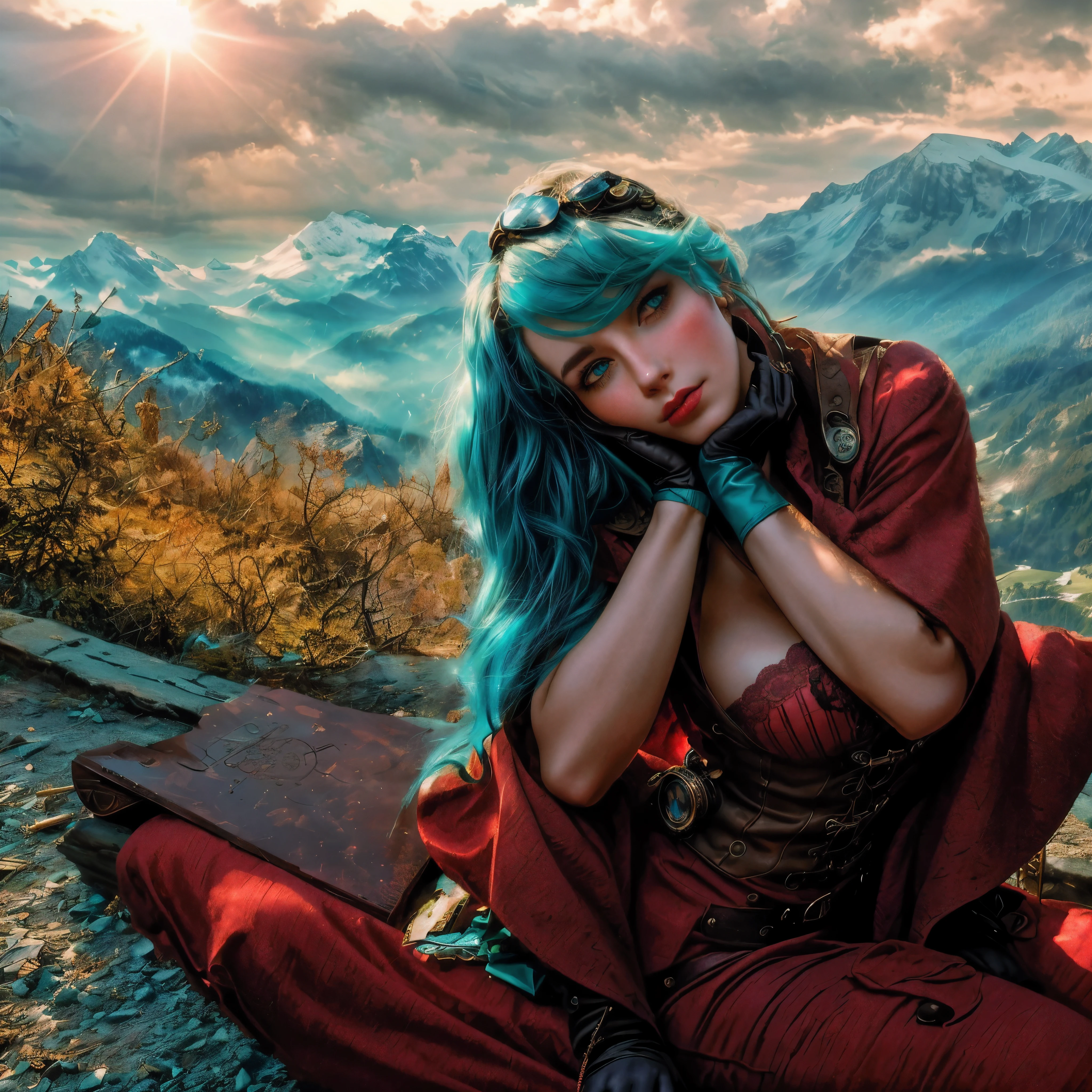 a woman with blue hair and goggles on her head and a clock in the background with a clock, Charlie Bowater, steampunk, a character portrait, rococo, 1girl, aqua eyes, aqua hair, breasts, cleavage, eyewear on head, fingerless gloves, gloves, goggles, goggles on head, lace, lace trim, lips, long hair, looking at viewer, makeup, sitting, solo, steampunk, striped, sunglasses, blond woman sitting on a bench with her hand on her chin, in the swiss alps, sitting cutely on a mountain, in the mountains, in mountains, by Anna Haifisch, with mountains in the background, by Niko Henrichon, mountains in the background, with mountains in background, by Caroline Mytinger, profile image, high in the mountains