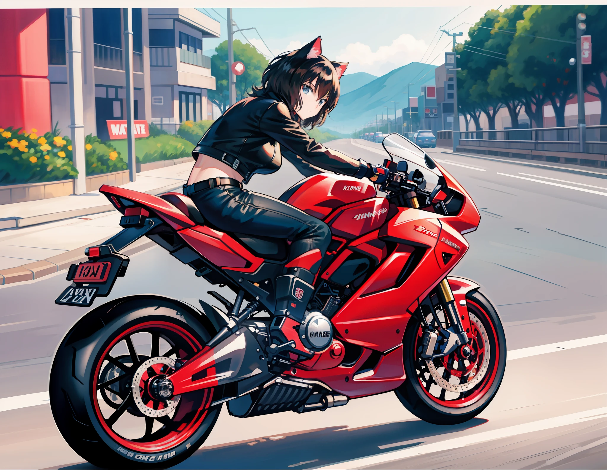 motorcycle rider in a black leather jacket riding a red motorcycle, cat girl, anime style 4 k, badass anime 8 k, anime style. 8k, epic anime style, made with anime painter studio, high quality anime artstyle, painted in anime painter studio, realistic anime artstyle, anime artstyle, anime styled digital art, anime style artwork, anime style illustration