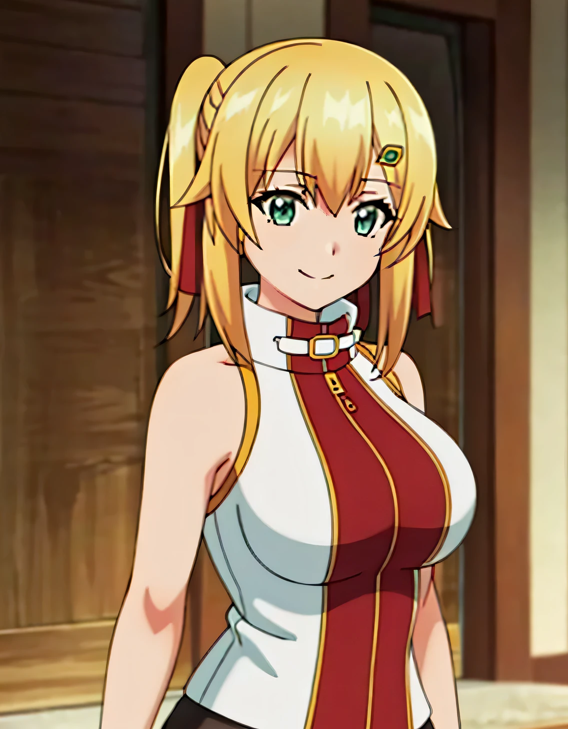 ultra-detailed,absurdres,Emma Brightness,blonde hair, smile,green eyes,single side ponytail, looking at viewer, hair ornament,hair ribbon, sleeveless, bare shoulders,(Large breasts:1.5),Looking at Viewer,Standing,(((masterpiece))),((Best Quality)),Perfect Anatomy,8K UHD,extremely detailed face,gloss and shiny,((1girl)),((Solo)),Beautiful detailed eyes,perfect Image,(Upper body:1.1),(Look at the front:1.1),Arms behind back,Slim waist,(shiny hair),