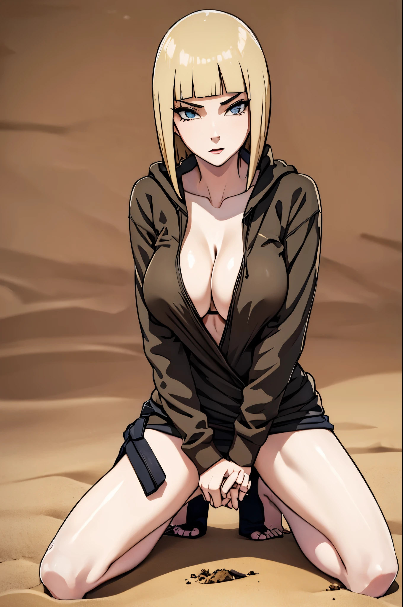 Young sexy girl 25 years old. Naked Hoodie. big breasts. long legs. slender body. short hairstyle. I squatted down. takes sand from the ground with his hand( falls through your fingers). Desert background. 8K