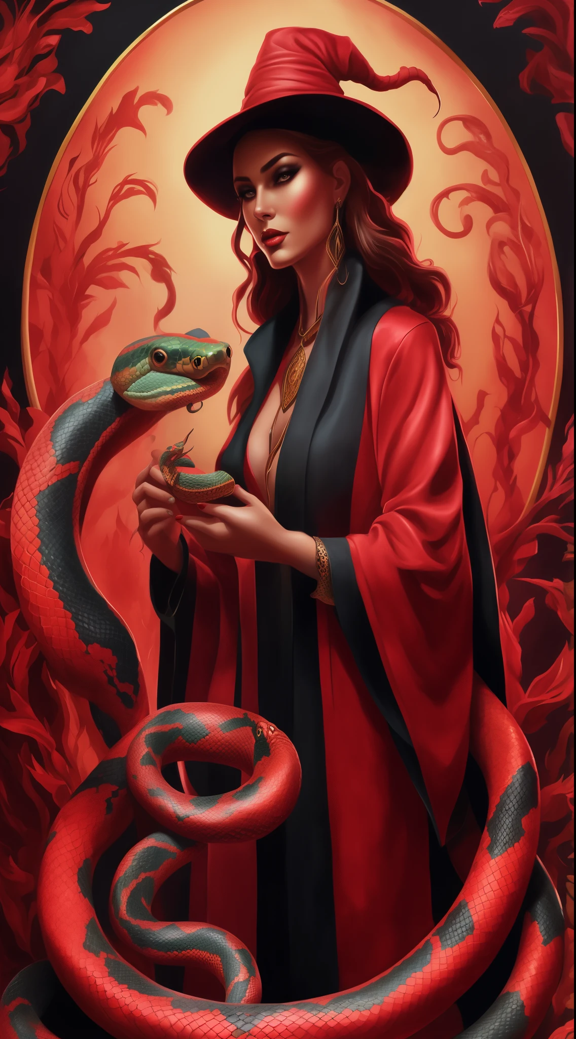 a close up of a woman holding a snake and a snake, queen of snakes, charlie bowater rich deep colors, dark queen of snakes, snake woman, portrait of a red sorcerer, her many snakes as hair, wearing cultist red robe, artgerm julie bell beeple, style ivan talavera and artgerm, red robe