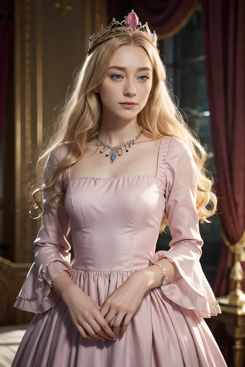White Blonde hair, fluffy hair, stylish hair, long hair, lilac eyes, perfect eyes, beautiful, perfect face, tween, dainty , short, kind, curvy, a flowing pale airy gown with ruffles along the bottom with tiny pink flowers and gold dragon embroideries with flowers, Her tiara had a pretty teal gemstones, silver necklace, noble class, royal, royalty, red castle, feasting hall, medieval, elegant surroundings, soft dewy makeup look, light peach blush, soft tan eyeshadow, light coral lipstick, cutesy, girlish, girly, guileless, ingénue, princess , whimsical lighting, Targaryen, dragons in the sky, photorealistic
