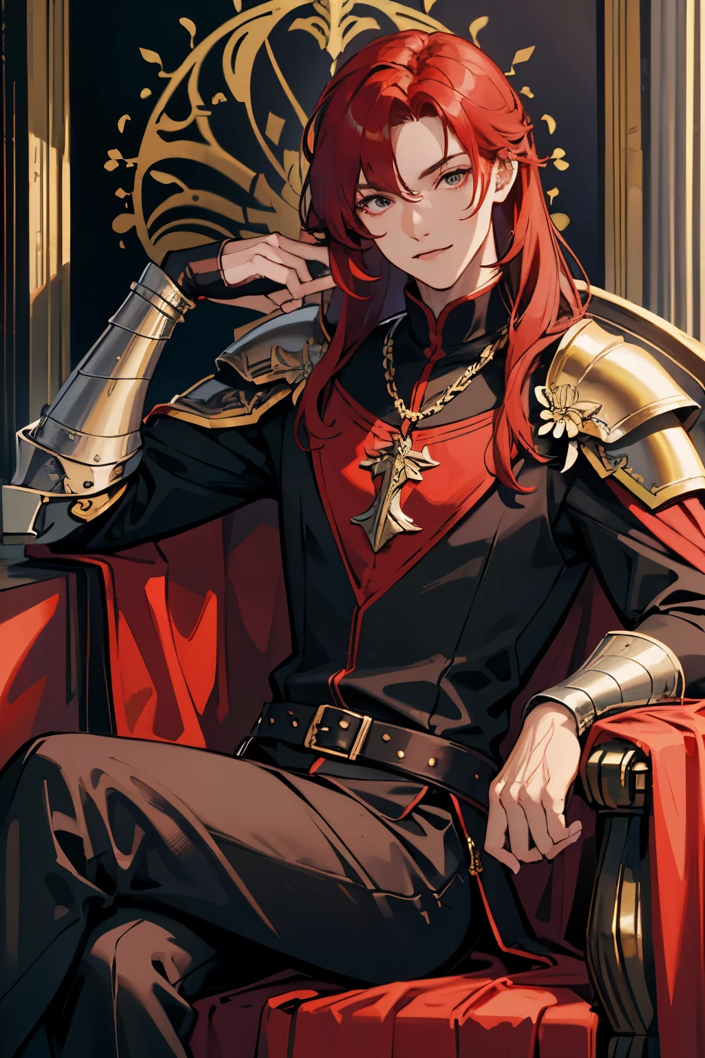 looks at the viewer, teasing laughter, 1 man, male focus, sitting in chair, pauldrons, shoulder armor, black noble clothes, fantasy, cape, red hair, crimson hair, scarlet hair, shoulder length hair