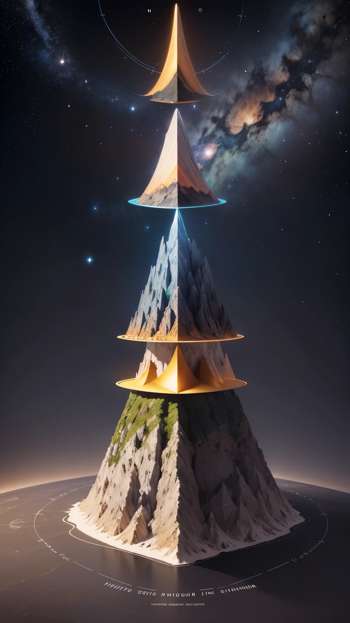 Monte Meru,Hierarchical diagram of multilayer universes,Detailed chart annotations,Triangle boundary,The dividing line of mysticism,Mountainous and planetary hierarchy,rodeado de estrelas,Star Chart,Too much detail is rich,Complex display charts,Universo Alquimia,Diagrama de Ensino de Astronomia,