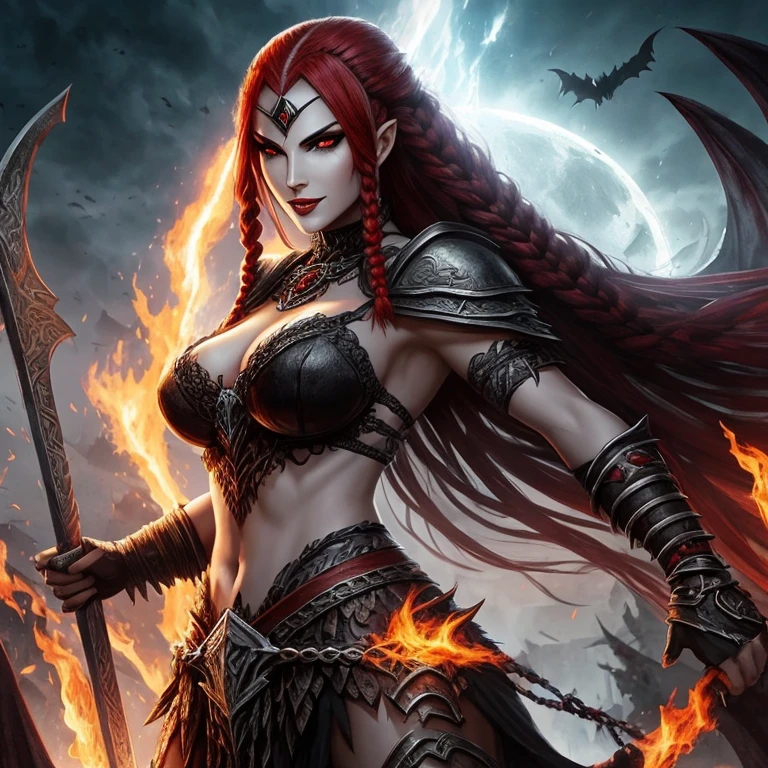 Berserker, Barbarian female vampira,  Arte de Fantasia, of his gaze alone enemies beginning to panic, one head, devilish smile, besta do inferno, demonio, White Fire Sky, guerreira, com foice e escudo, lindo, Female orcs, Werelion, Long red braided hair, olhos dourados brilhantes, realista, altamente detalhados, Motor irreal, 8k de luxo