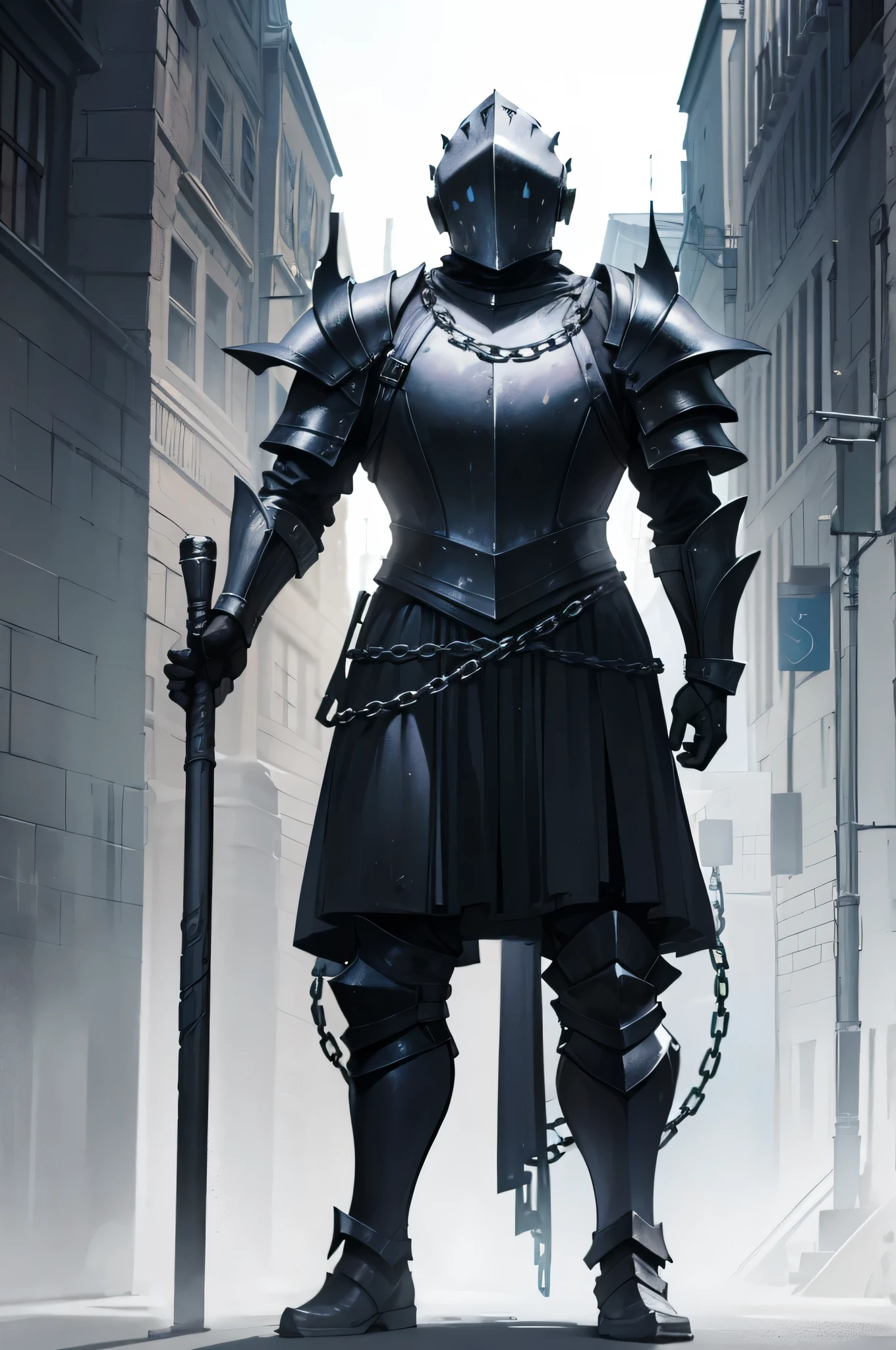 Wearing Gothic armor，Hand-held chain hammer，Standing，Strong man，without showing face
