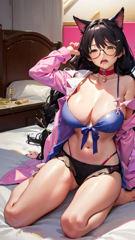 hanekawa tsubasa、attack of glasses、black hairの、big breastsのヌード、 (black hair, brown eyes, round face), big breasts, With ribbon, (blush your nose, Naughty, half-open eyes, drooling),on the bed in the infirmary, [full body shot]、BDSM、Lots of love juice、pale pubic hair、wearing a black dog collar,full body shot,wide open legs、Glasses、lying in bed、hands tied above the head、head to toe shot、Squirting、Squirting、hips move up and down、chest moves up and down、cry in pain、Pee、((masterpiece)), ((highest quality)), (Super detailed), ((cute)), cute, (Lovely), ((very detailed)), 4K, (8K), highest quality, (beautiful), anime style、pink nipples、