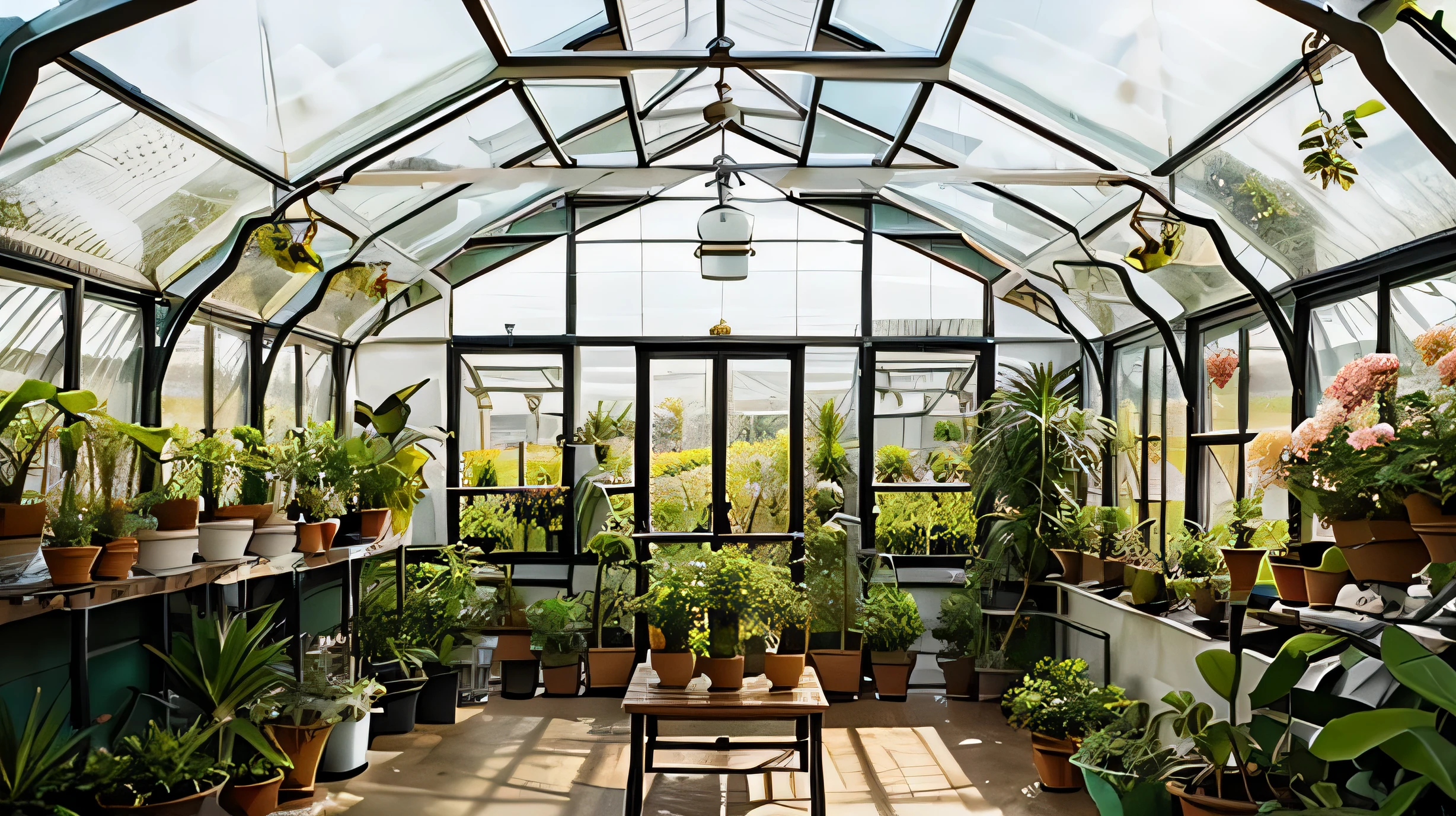 A warm, sunny greenhouse filled with flowers and plants, with a small seating area to relax and enjoy the view.