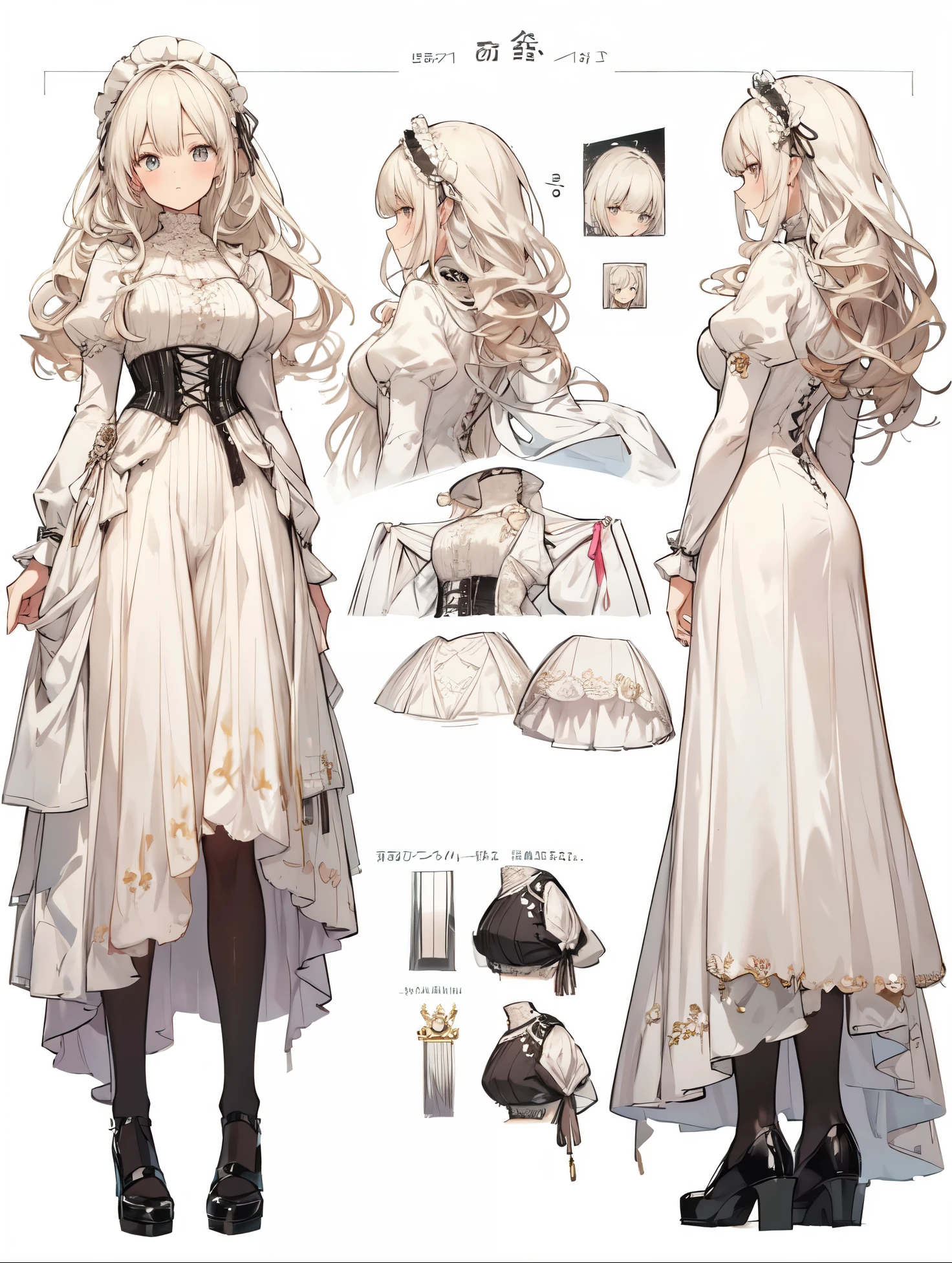 ((character sheet)), a girl dressed in a long, white dress that could be in the Victorian era, 1girl, dress, multiple views, long hair