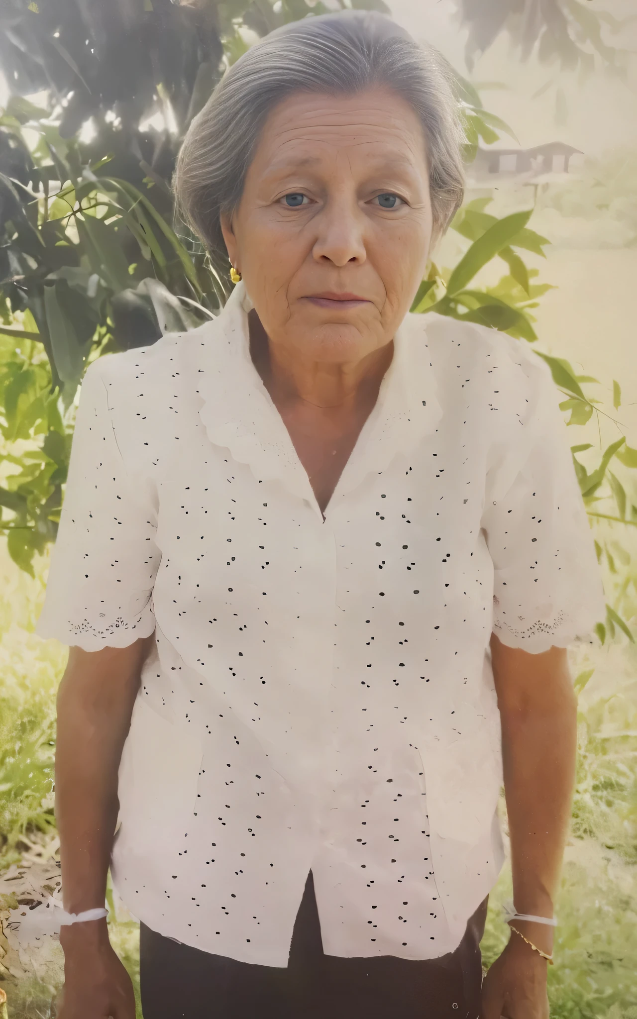 there is a woman standing in the grass with a white shirt, magda torres gurza, blanca alvarez, monserrat gudiol, photo of a woman, fernanda suarez, estefania villegas burgos, lorena avarez, centre image, she is about 7 0 years old, dolores abernathy, julia fuentes