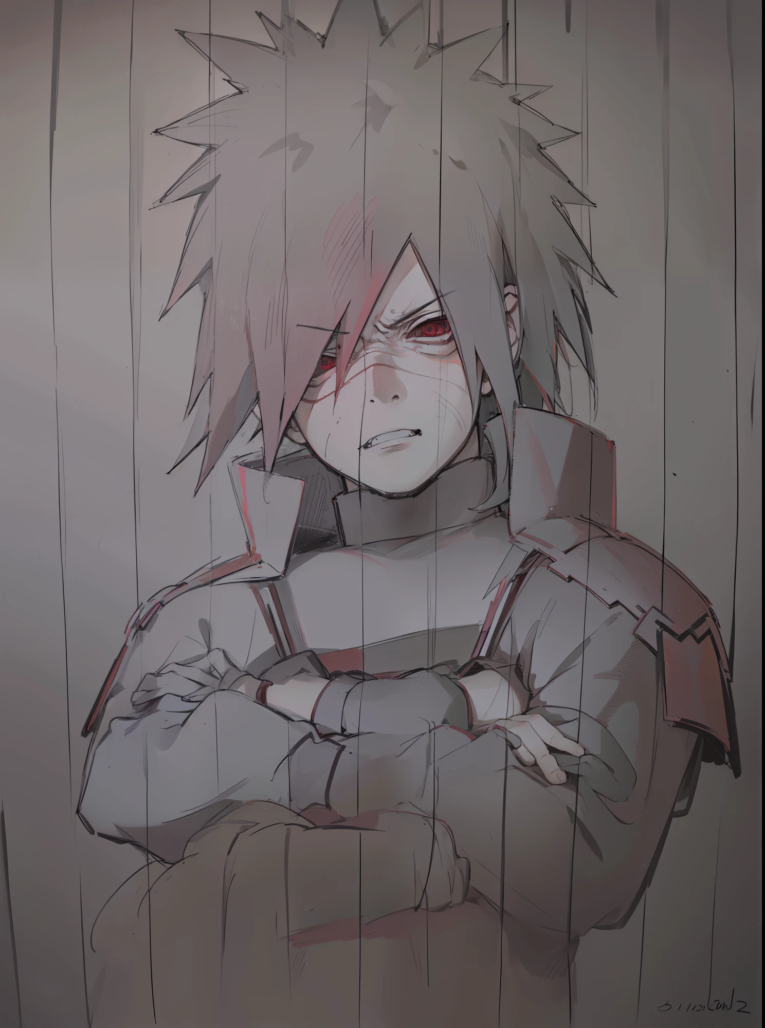 Anime style, Madara uchiha, Cruel expression, clad in red armor, crossed arms
