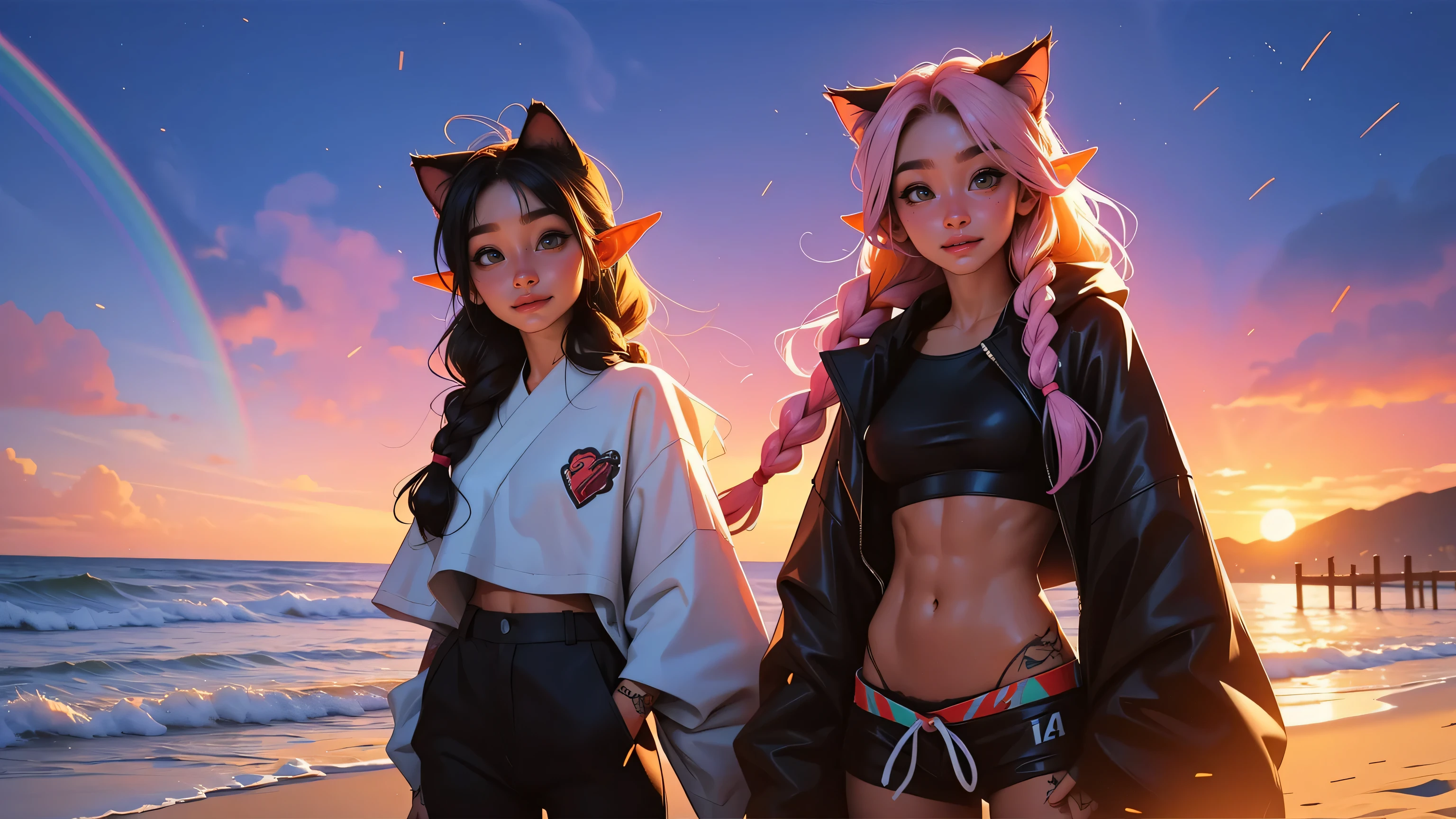 2 elf girls, 19 years old, multicolor hair, long braids, cat ears, sunset, beach, waves, fireflies, extreme abs, cute face, smiling, japanese fashion, tattoos, fluorescent, magical scene, beautiful, fashion, splash of color, paint splatter, rainbow lights,