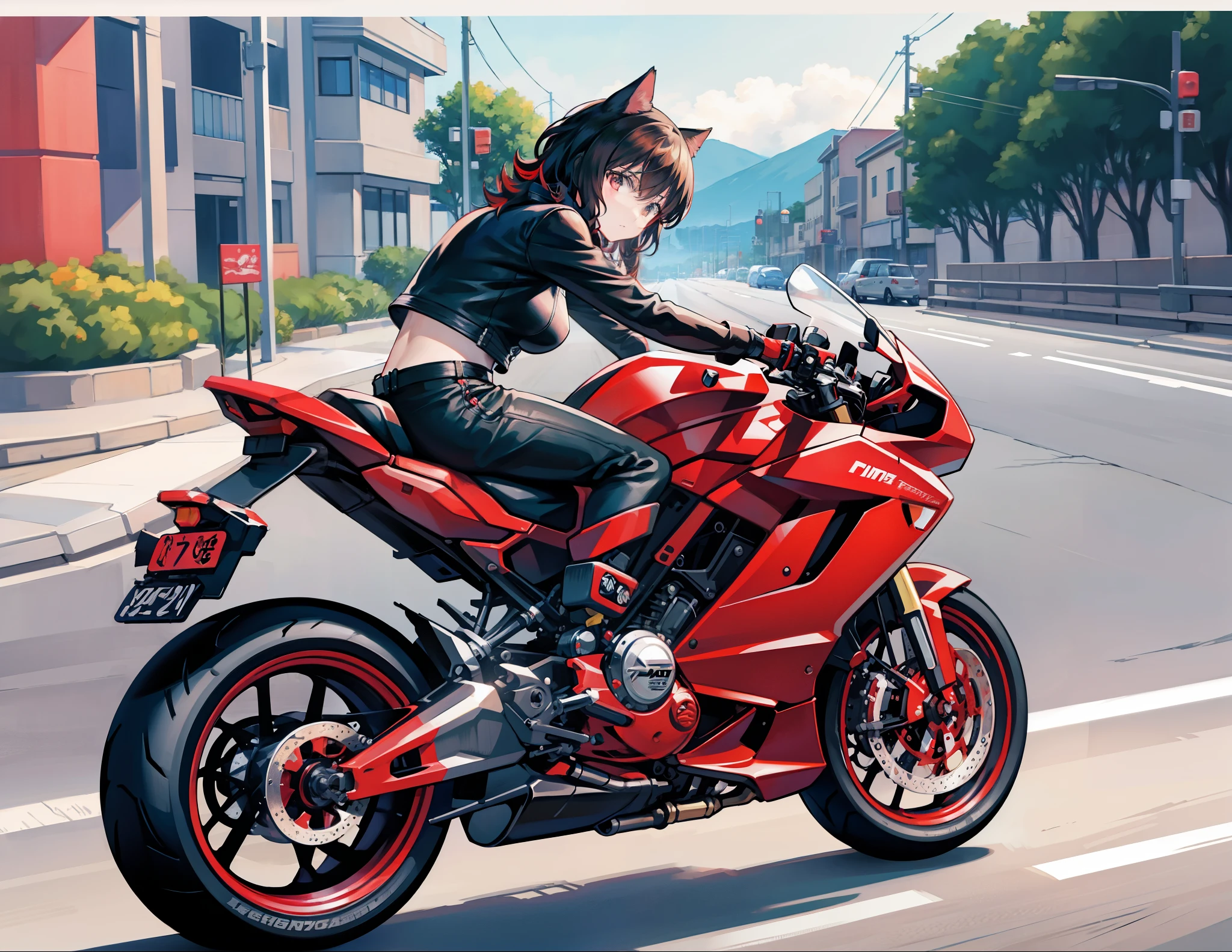 motorcycle rider in a black leather jacket riding a red motorcycle, cat girl, anime style 4 k, badass anime 8 k, anime style. 8k, epic anime style, made with anime painter studio, high quality anime artstyle, painted in anime painter studio, realistic anime artstyle, anime artstyle, anime styled digital art, anime style artwork, anime style illustration
