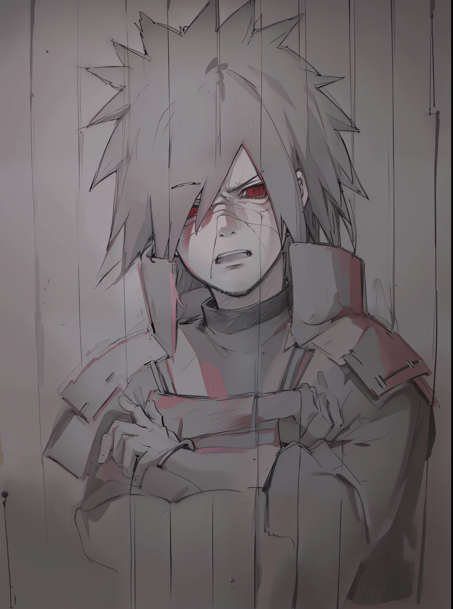 Anime style, Madara uchiha, Cruel expression, clad in red armor, crossed arms