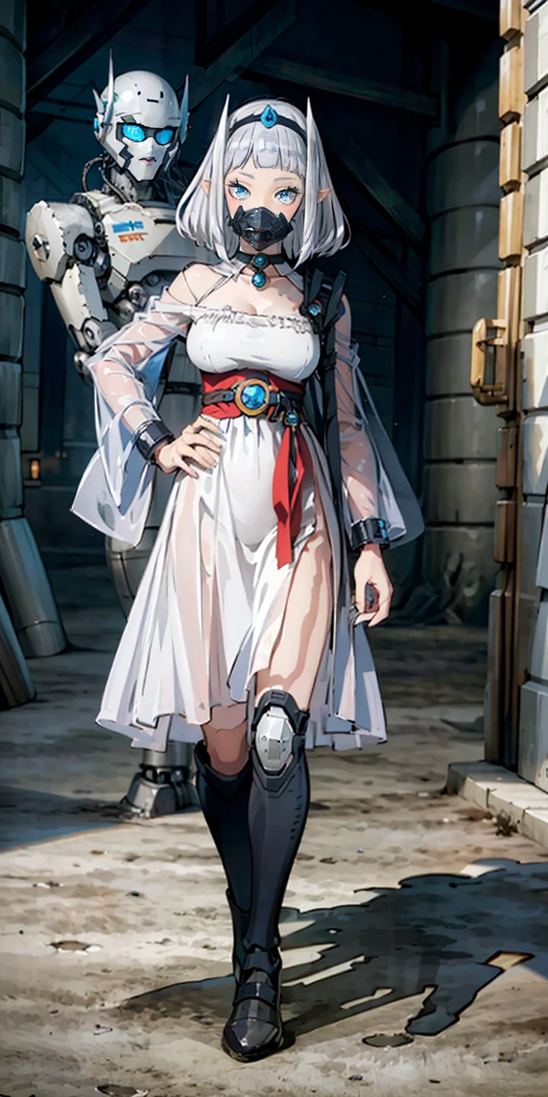 (masterpiece:1.2,high quality), 1girl, ((ultra realistic details)), global illumination, shadows, Unreal Engine, octane render, 8k, ultra sharp, metal, intricate, ornaments detailed, highly intricate details, yellow eyes, (mechanical body:1.2), white hair, (black gas mask), Gear, bob cut, hundreds of wires, Terran, (Robot, android:1.15), Apocalypse, broken buildings, full body, whole body. 1solo (girl). standing, hands on hips full body, whole body. choker, big belt, view from below, feet together, bracers, tiara