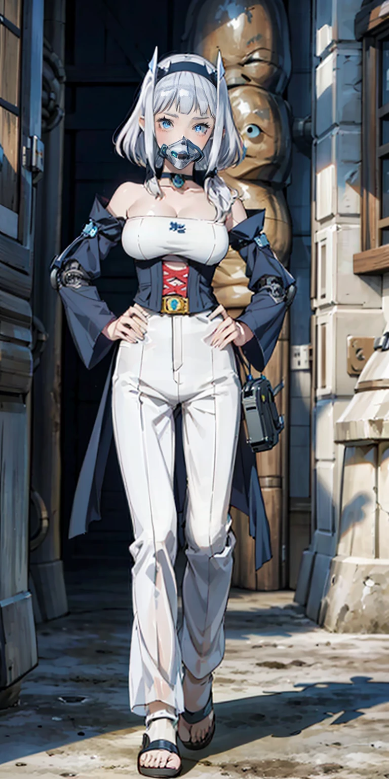 (masterpiece:1.2,high quality), 1girl, ((ultra realistic details)), global illumination, shadows, Unreal Engine, octane render, 8k, ultra sharp, metal, intricate, ornaments detailed, highly intricate details, yellow eyes, (mechanical body:1.2), white hair, (black gas mask), Gear, bob cut, hundreds of wires, Terran, (Robot, android:1.15), Apocalypse, broken buildings, full body, whole body. 1solo (girl). standing, hands on hips full body, whole body. choker, big belt, view from below, feet together, bracers, tiara