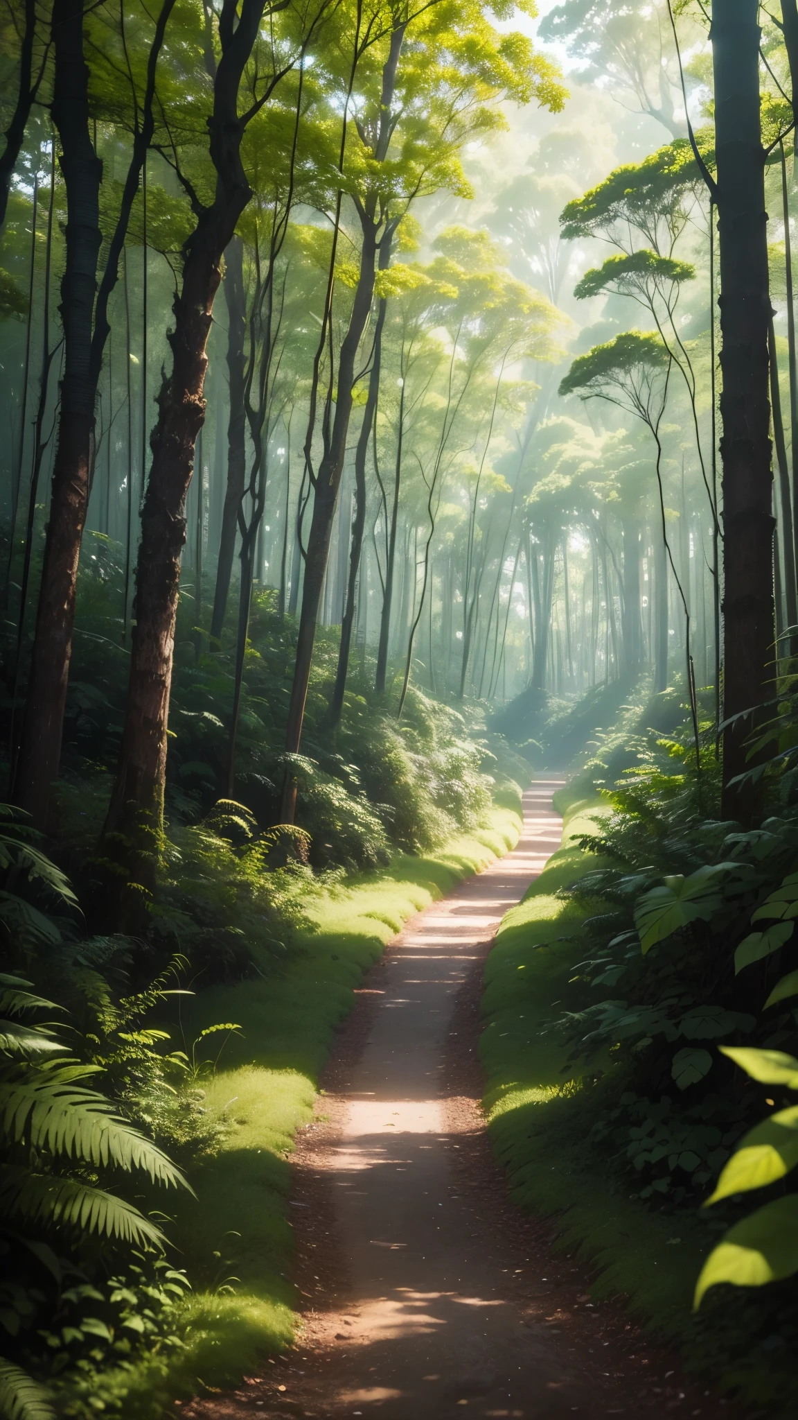 There is an image of a forest with trees, land area in the middle of the forest, motor Unreal de ray tracing, ambiente florestal ultra detalhado, floresta misteriosa, piso texturizado, riqueza de detalhes, imagem 4k, mega resolution, paisagem densa neblinosa, desmatamento florestal, Filming forest around a deforested area, plantas rasteiras, Detailed vegetation, troncos de arvore, arte de fundo, Pintura digital de fantasia, floresta assustadora, paisagem de limpeza florestal, pintura digital muito detalhada