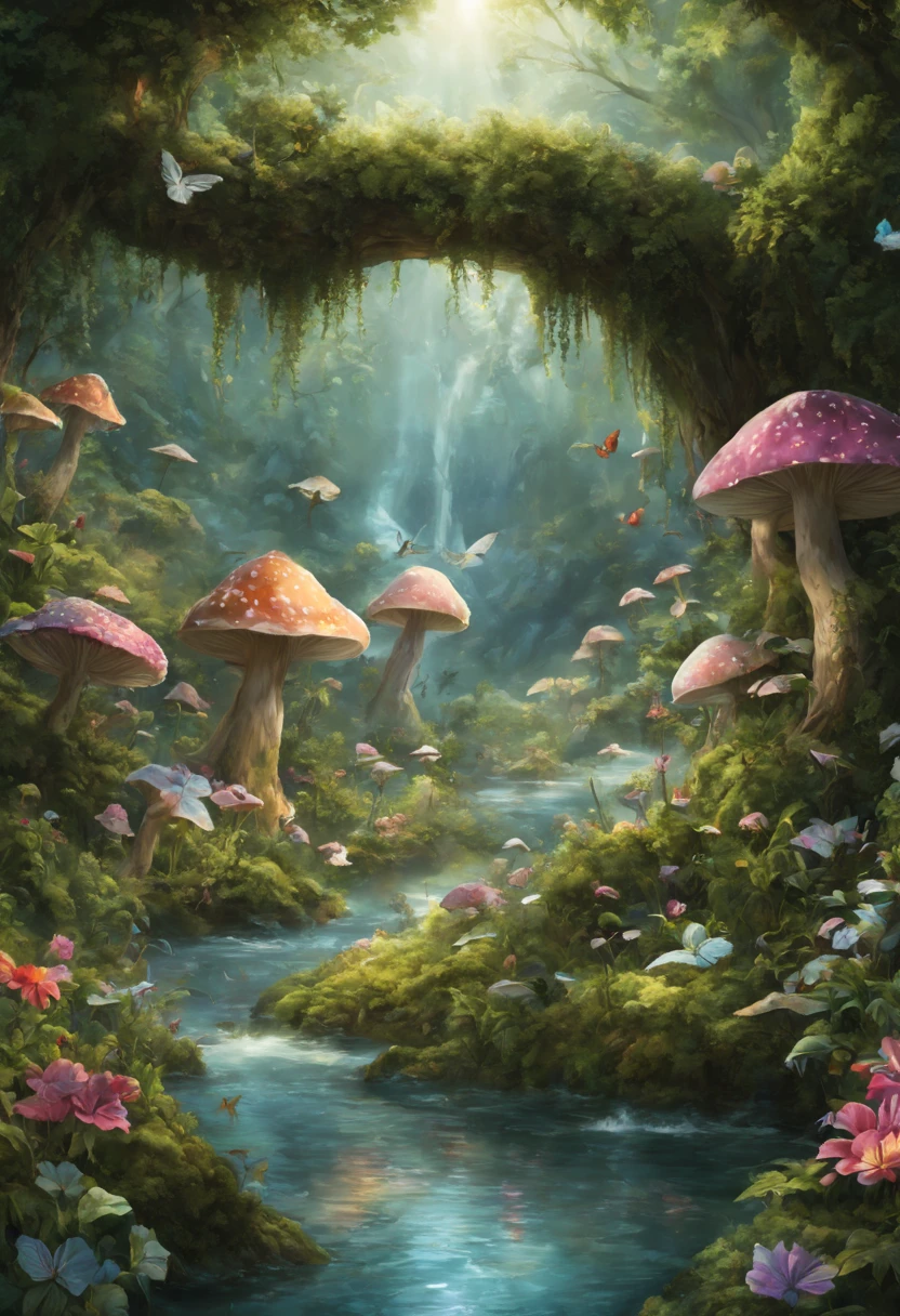 (best quality,4k,8k,highres,masterpiece:1.2),ultra-detailed,(realistic,photorealistic,photo-realistic:1.37),whimsical fairy wonderland,abstract art,pastel shades,harmonious blending,a fantasy world,charming fairies dancing,midsummer night's dream,wispy clouds floating,sparkling stars sprinkled,enchanted forest with towering trees,delicate flowers blooming with vibrant colors,soft golden sunlight filtering through the leaves,glowing mushrooms illuminating the path,magical waterfalls cascading down into crystal clear pools, ethereal music playing in the background,colorful butterflies fluttering around,playful fireflies lighting up the night,ivory-winged creatures soaring in the sky,whispering secrets of nature's magic,serene and magical atmosphere,creating a sense of wonder and enchantment,transcending reality,inviting viewers to immerse themselves in this dream-like realm.