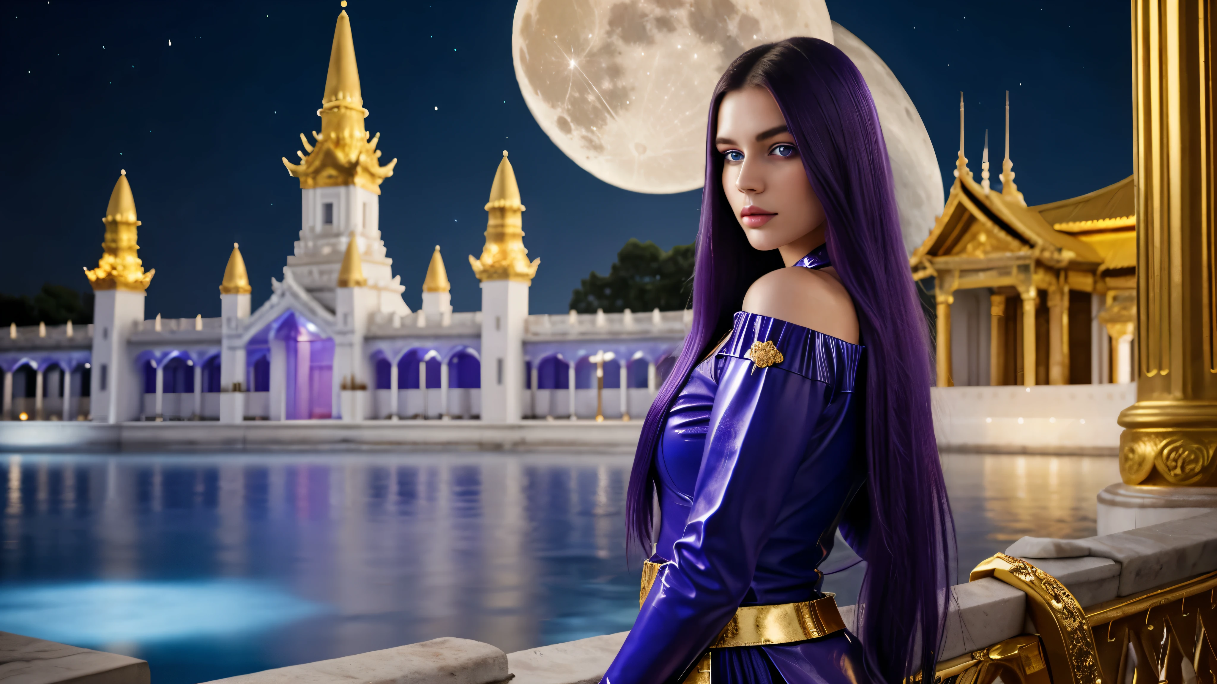 best image, 12k, realistic. face of a beautiful young woman, 23 years old, extraordinary beauty, with piercing blue eyes, rare beauty, {detailed} long straight purple hair, blue leather outfit with gold, image from the waist up, behind her, night, full moon, huge temple , white ivory castles with gold, epic clear blue river