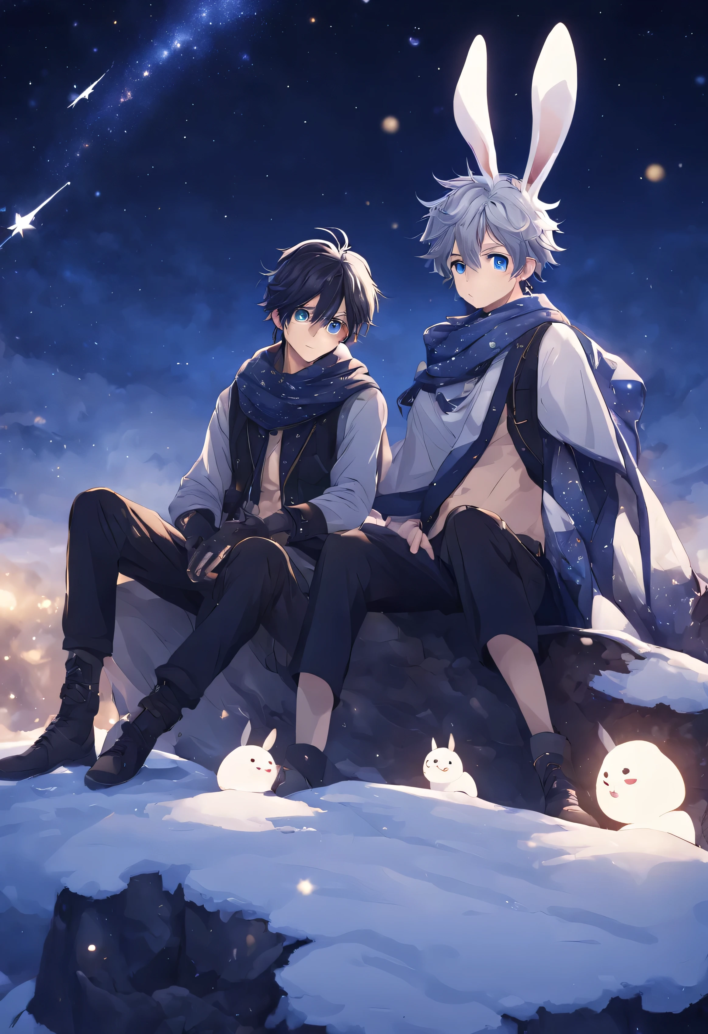 movieのような写真 (masterpiece), (highest quality), (super detailed), place, , official art, 2 Adult males,30 years old、hanging eyes、sumirk,Build a snowman,abs、navel、Scarf、 gouache, starry sky, winter、snow scene、Crystal of snow、Rabbits are gathering、Short silver hair, blue eyes, rabbit ears, , Blue eyes, Tsurime, black-haired, blue-eyed man、sitting on a rock, 見つめ合ってstarry sky観察, milky way, shooting star, Quiet night., figure, messy hair, fine eyes, perfect composition, moist skin, intricate details, . 35mm photo, movie, Bokeh, Professional, 4K, very detailed
