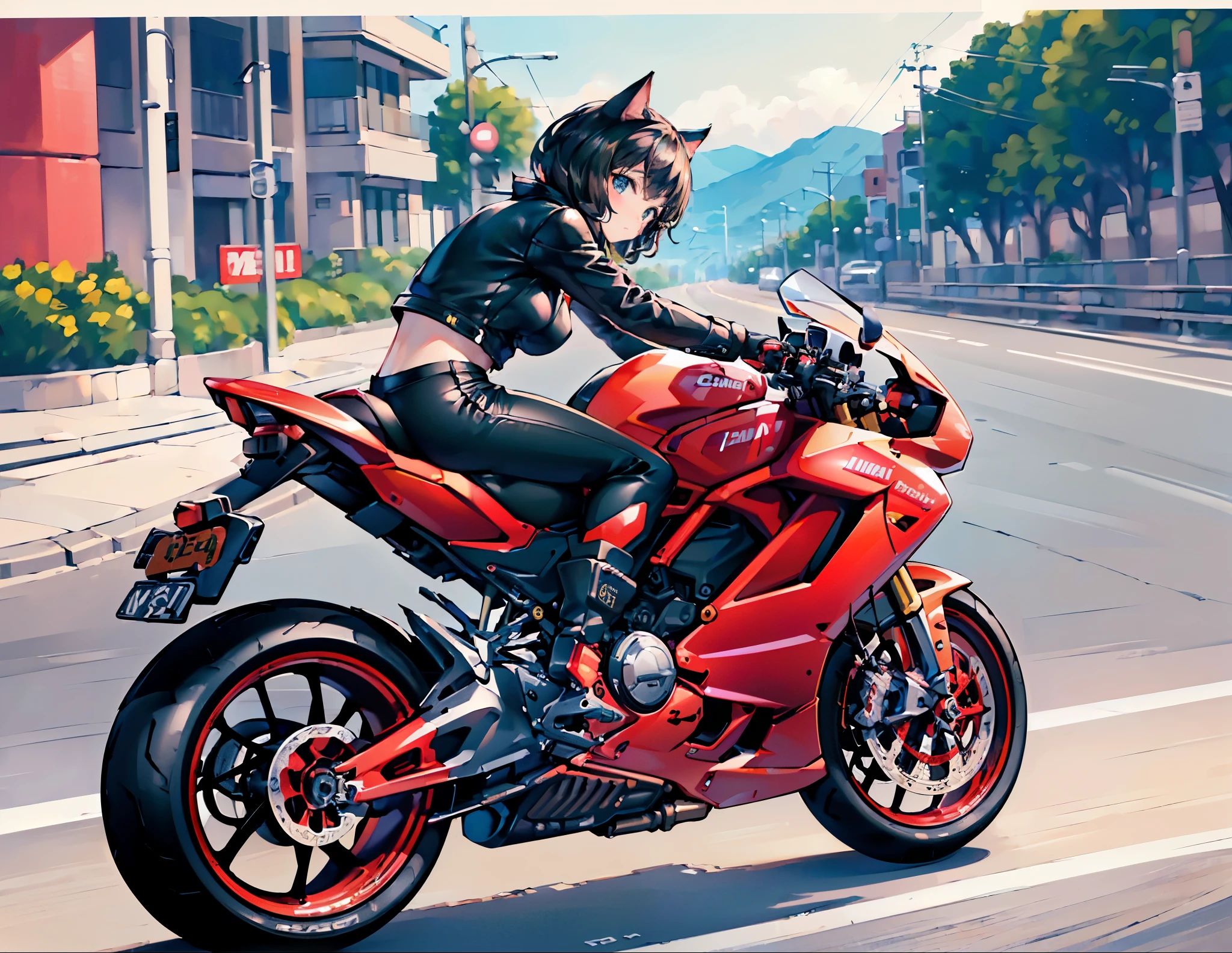 (best quality, 4k, 8k, highres, masterpiece:1.2), ultra-detailed, ((cat girl)), ((perfect body)), ((riding a motorcycle)), ((at high speed)), ((blurred scenery)), ((custom motorcycle)), ((ducati)), ((perfect bike)), ((street racer)), ((beautiful paintjob)), ((fully detailed)), illustration, vivid colors