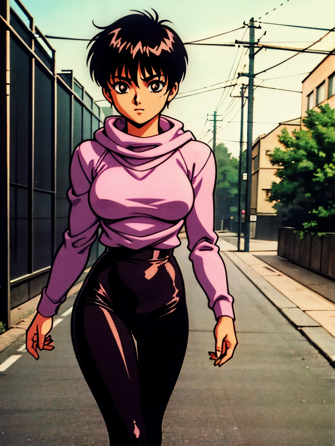 Casca \(berserk\), 1girl, solo, medium breasts, retro artstyle, 1990s \(style\), she walks towards the camera in the street, she is wearing a black tight suit with a large sweatshirt