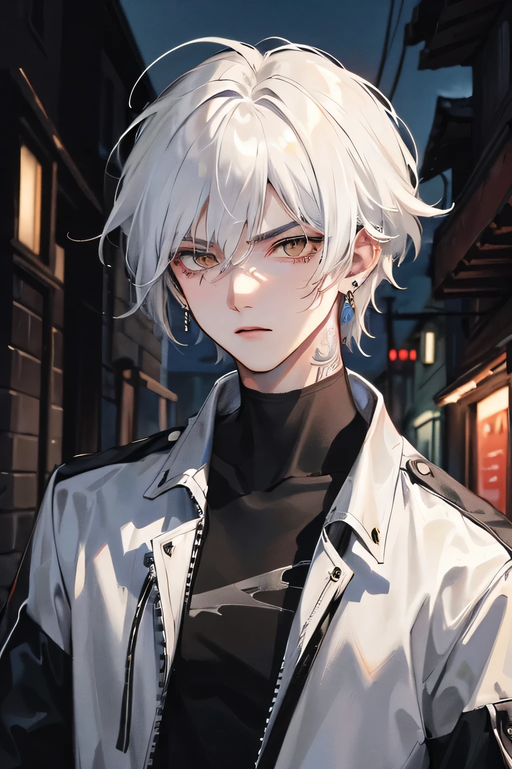((best quality)), ((masterpiece)), (detailed), perfect face, dark alleyway at night background, male, young man, medium length white hair, brown eyes, serious expression, wearing black grunge clothing, has tattoos on abdomen, has earrings