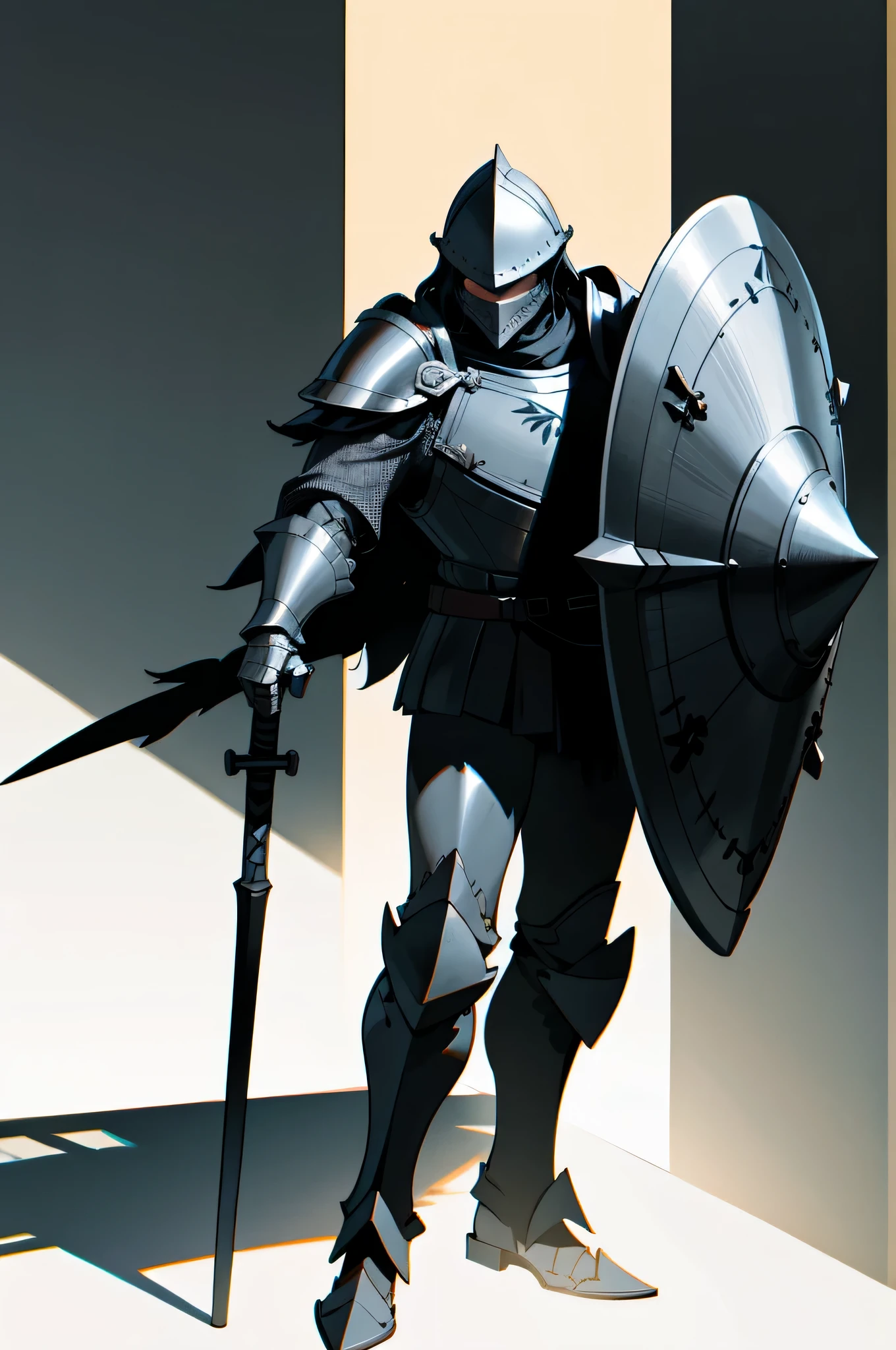 Wears heavy black armor，Wear a steel helmet，without showing face，Standing，Armed with a spear and a black shield,full body,