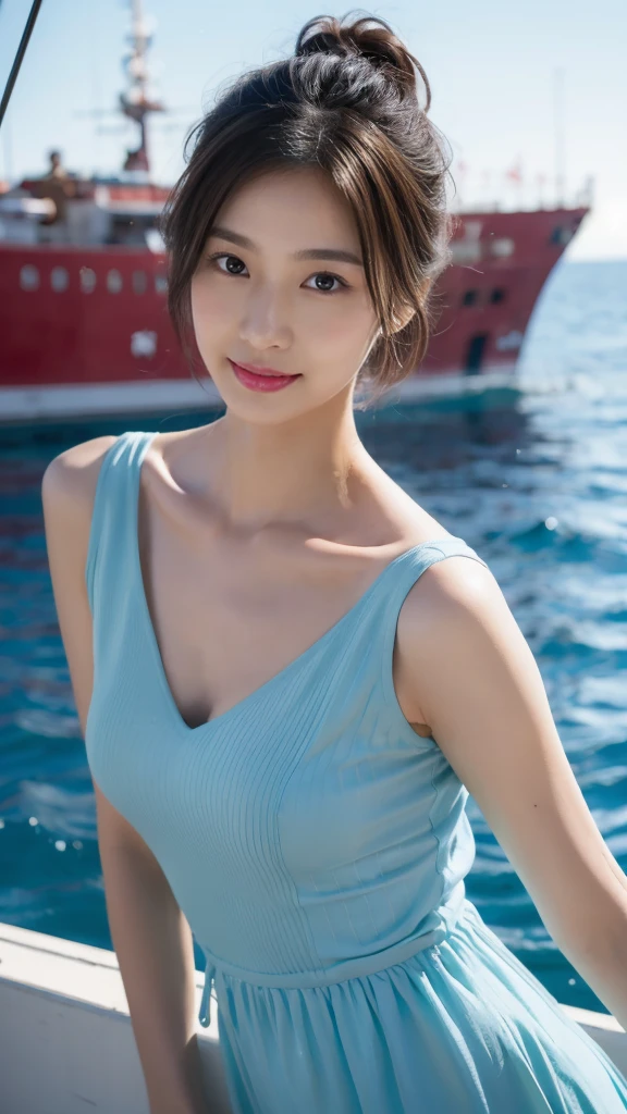 ((​Masterpiece, Top image quality, high resolution、alone、shiny skin))(on the table, best quality, actual, super detailed, meticulous, high resolution, 8k wallpaper), Close-up portrait of a beautiful woman, Chariada, smiling, light brown messy hair, Perfect dynamic composition, 美丽meticulous的眼睛, Just like the cover of a fashion magazine, on campus