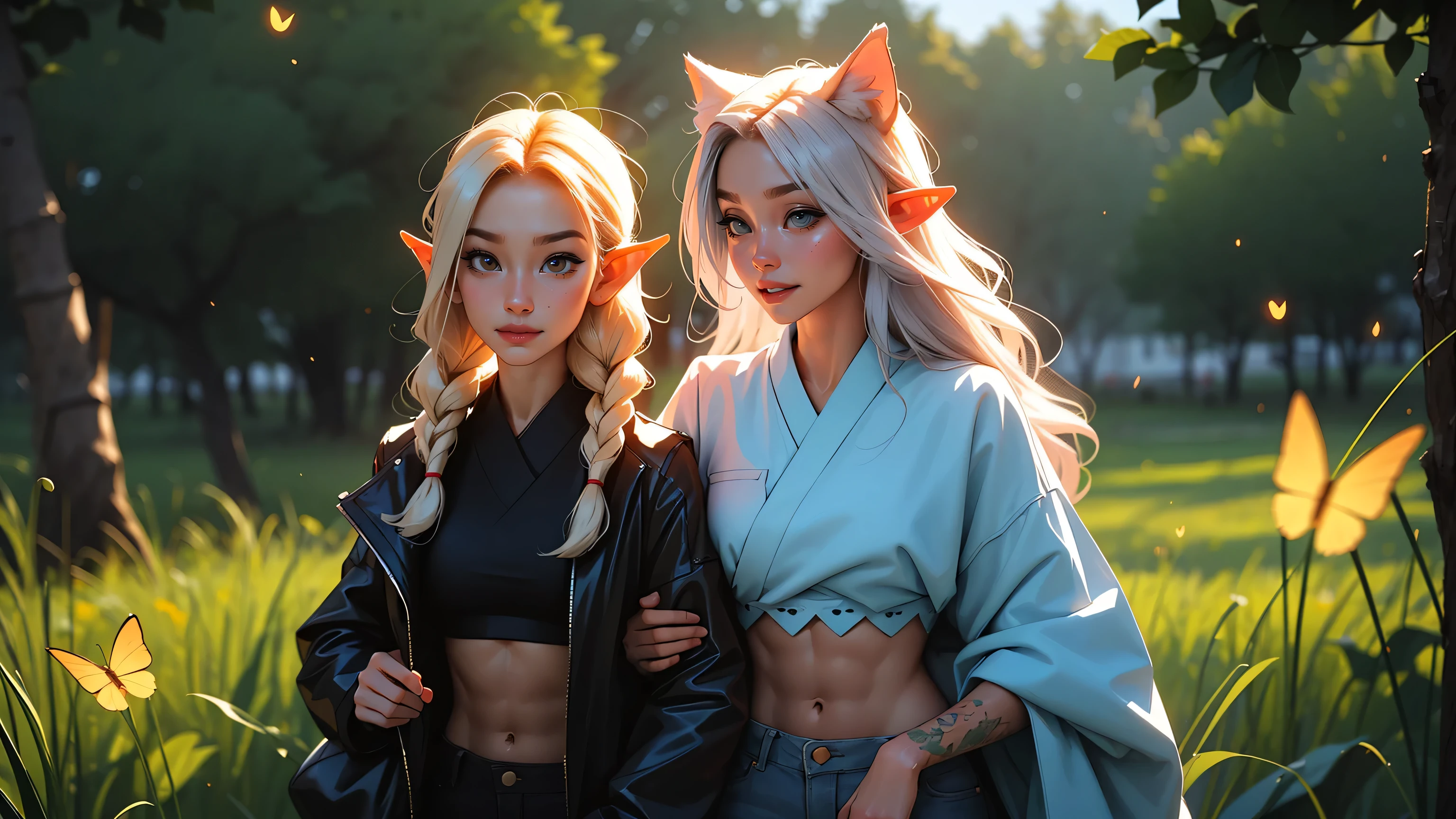 2 elf girls, 19 years old, multicolor hair, long braids, cat ears, video game spacestation, fireflies, extreme abs, cute face, smiling, japanese fashion, tattoos, fluorescent, magical scene, beautiful, fashion, splash of color, paint splatter, action scene, highligts