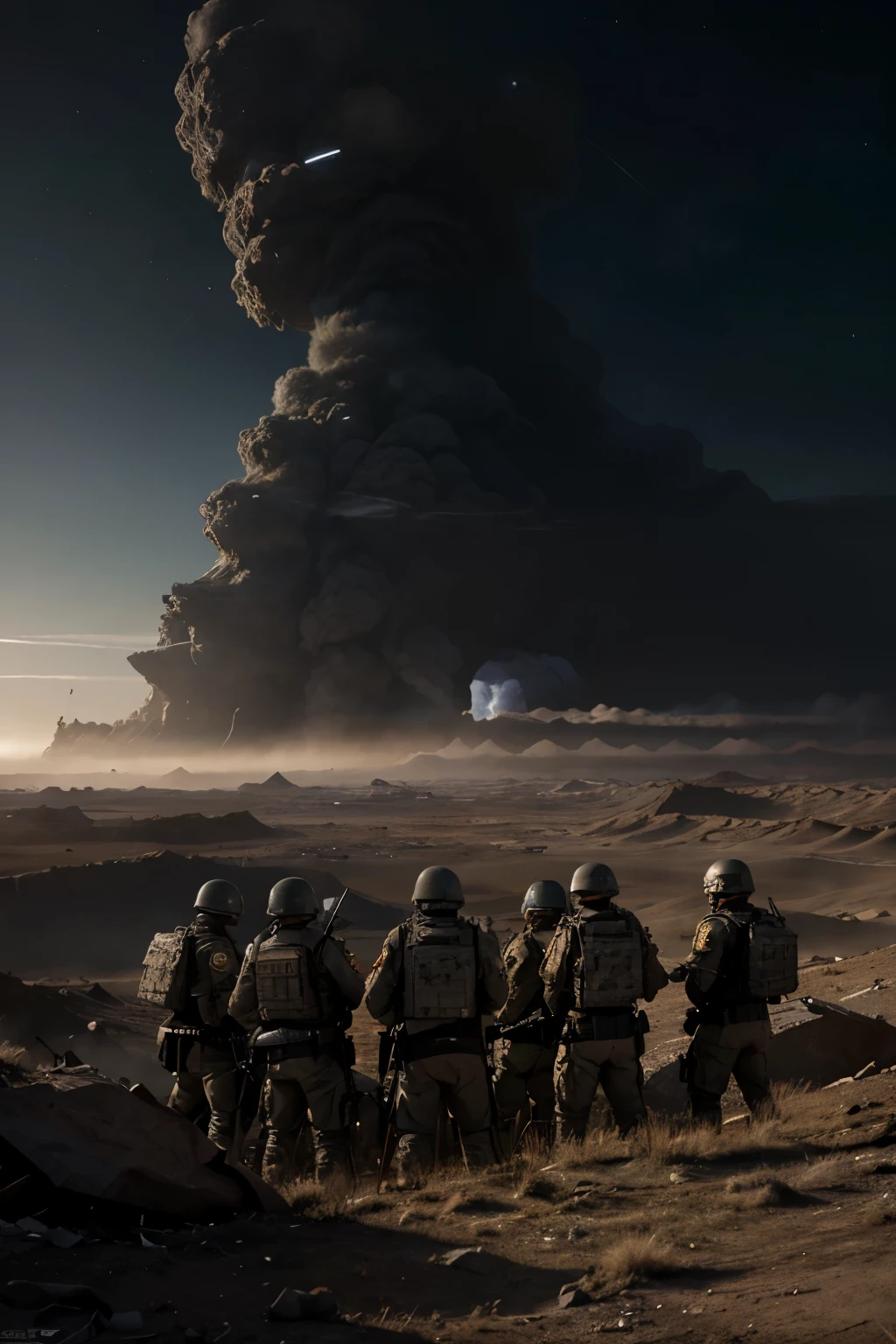 The opening shot unveils an awe-inspiring panorama of a far-off world enshrouded by the boundless expanse of space. The planet, ravaged by war, presents a dismal landscape - smoke-filled skies, desolate terrains, and remnants of shattered structures weaving a tale of devastation. With Unreal Engine, we proceed, delivering hyper-realistic visuals. The camera glides in, offering a closer look at a cluster of battle-ready soldiers, their determined expressions etched onto their faces. Dressed in full military gear, the group stands united, preparing for the encroaching alien threat. They form a fortified line, their un