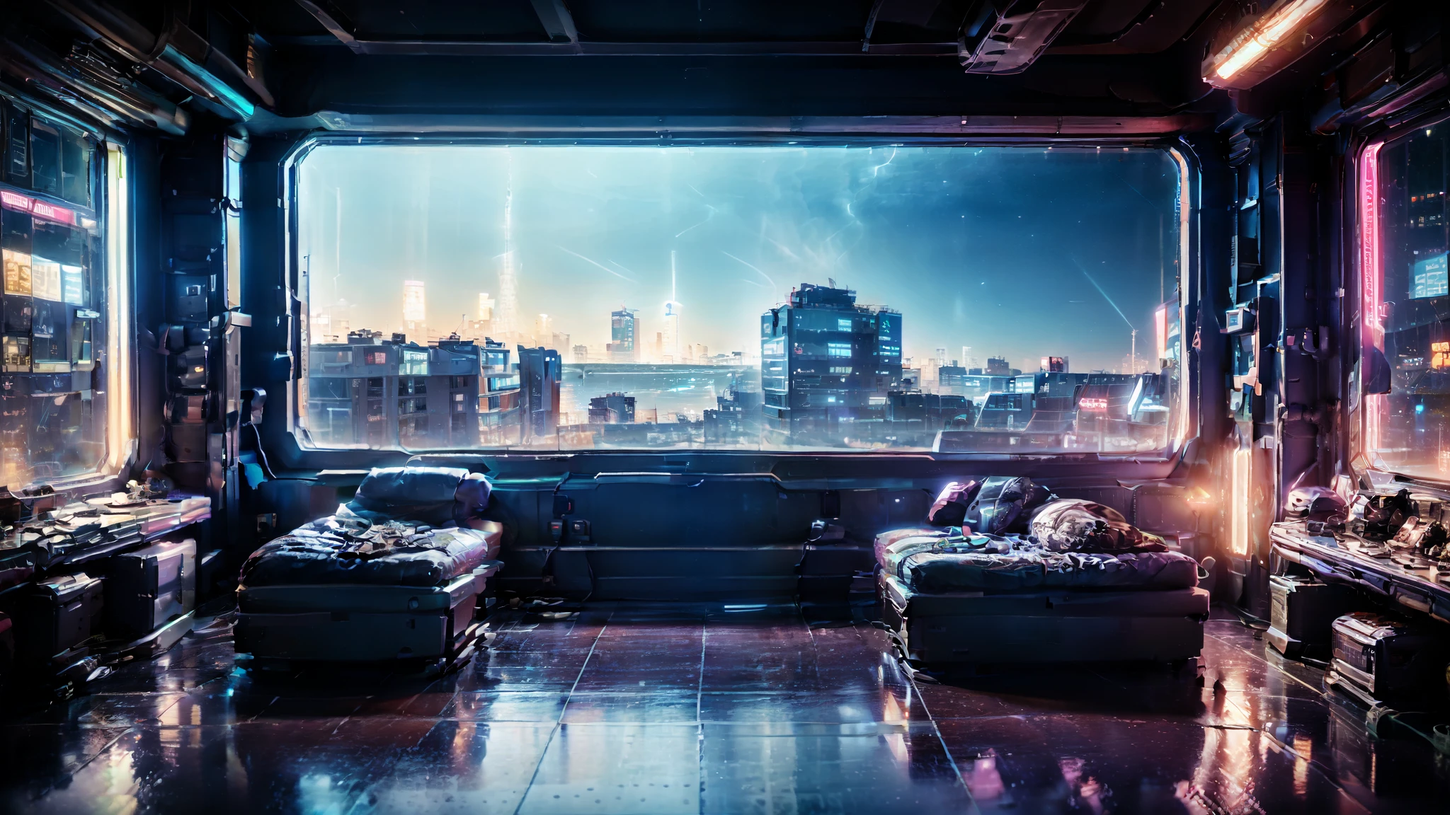 Streamer Background, no human, window in room, panorama seen in window of an big cyberpunk city at night, in city is an big football Stadium, gamer room, seen from viewes vision, rgb lights, neon lights
