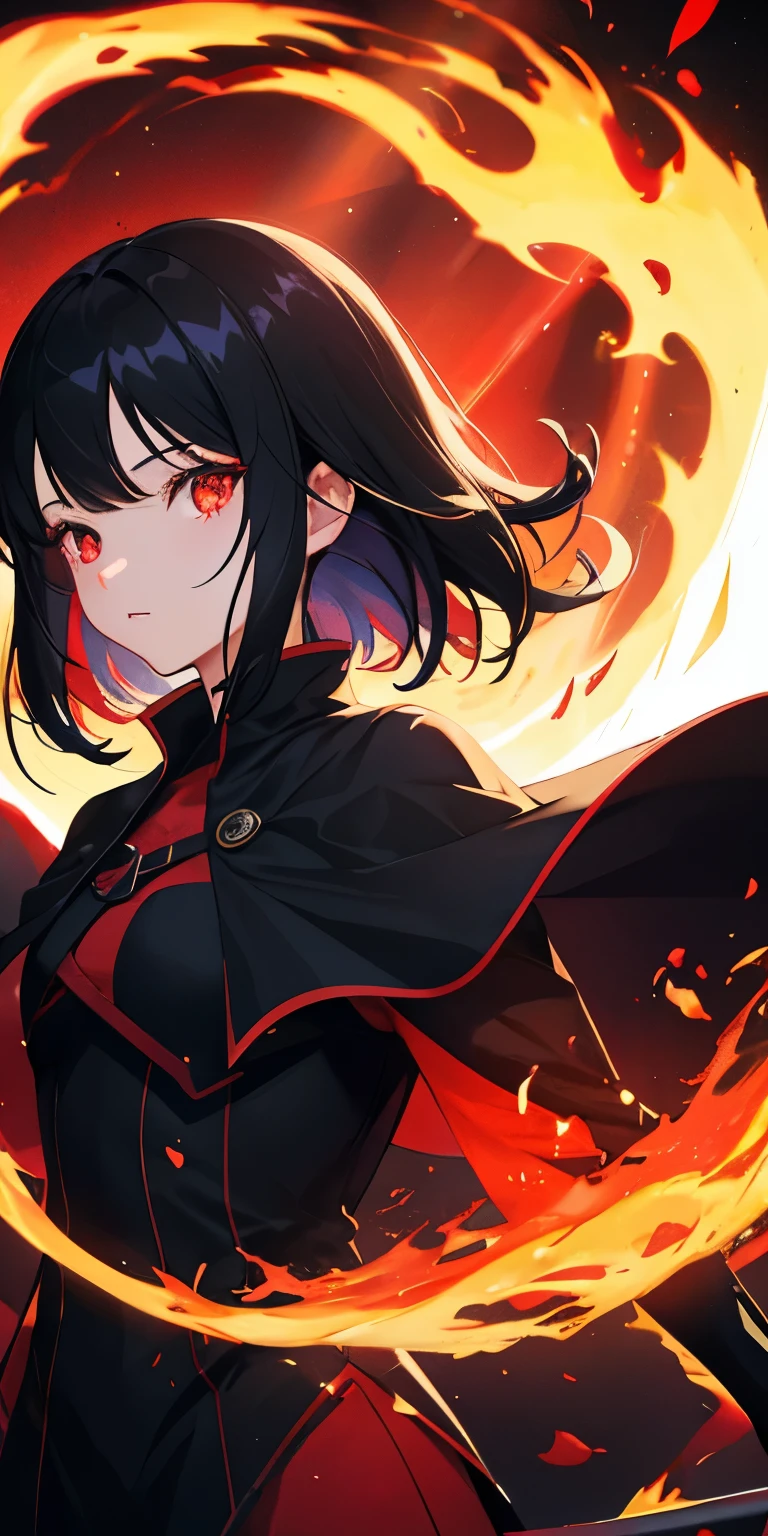 1girl, black hair, red eyes, fire witch, blood, light particles, light rays, wallpaper, high contrast, colorful,