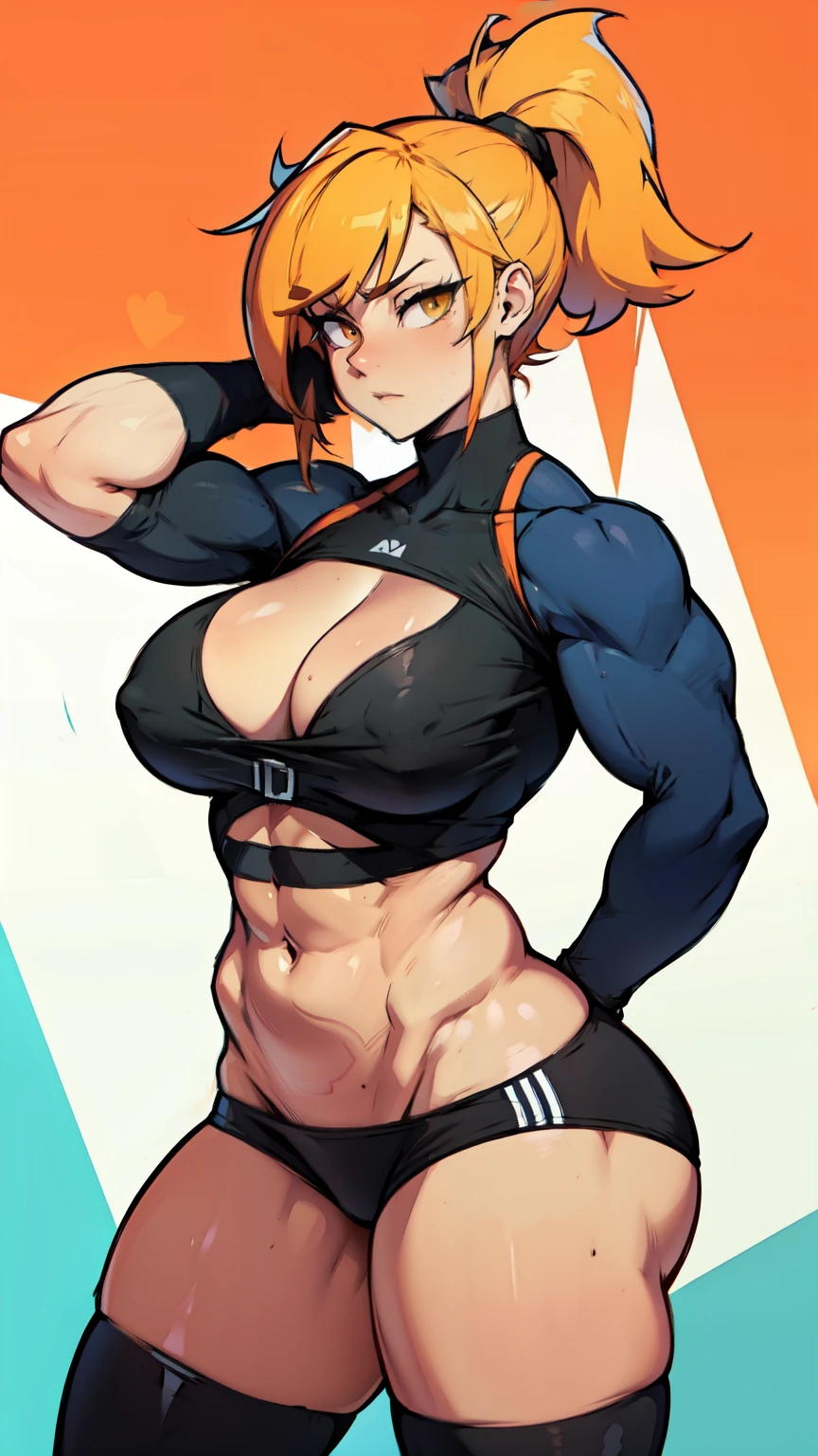 ((muscular)) girl thick thighs large breasts pale skin yellow eyes sad expressionless 