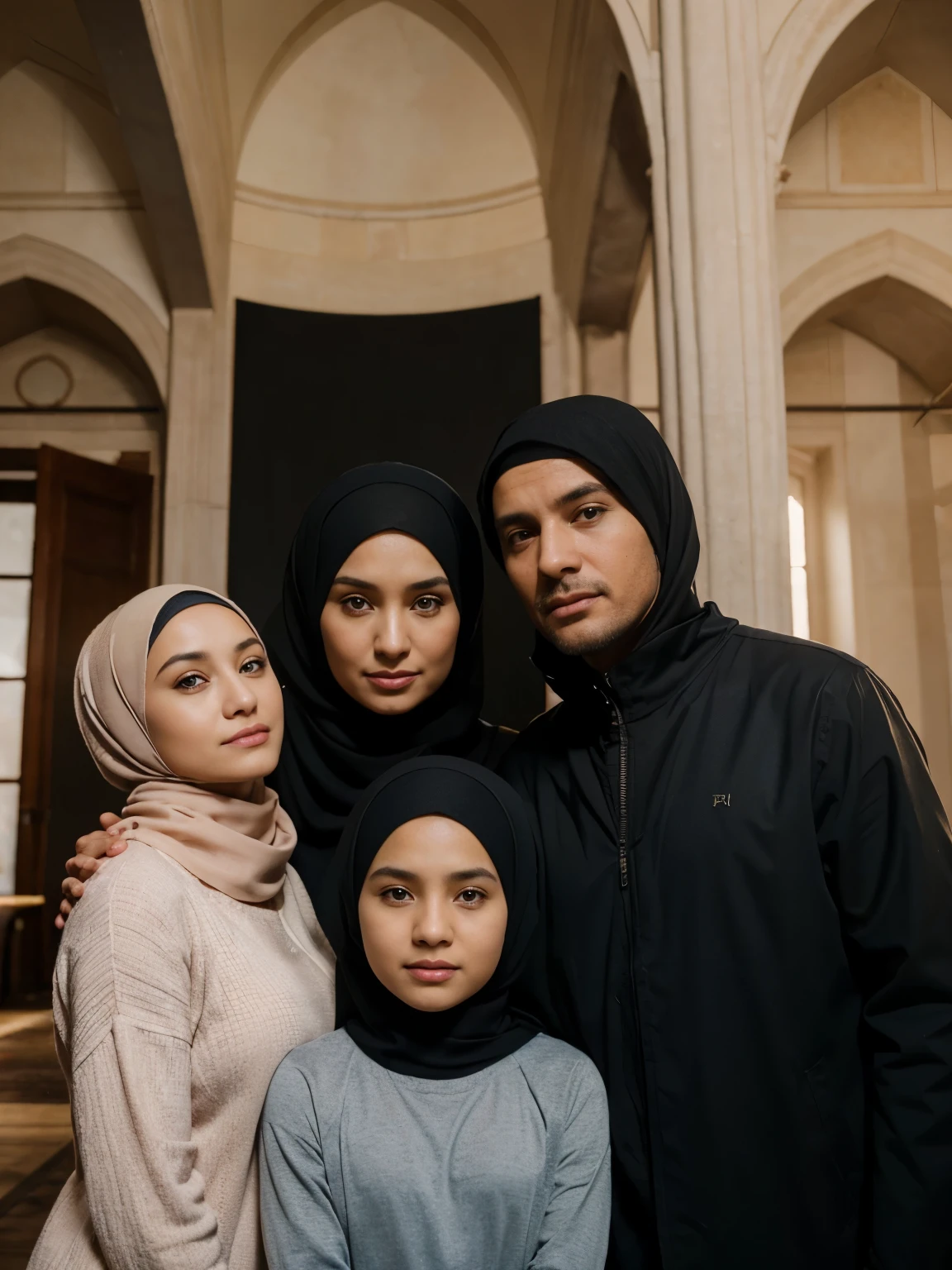 image on a sofa, Just a 30-year-old Muslim man in the middle of the couch and on his left side a 30-year-old girl and on his right side a 30-year-old woman.