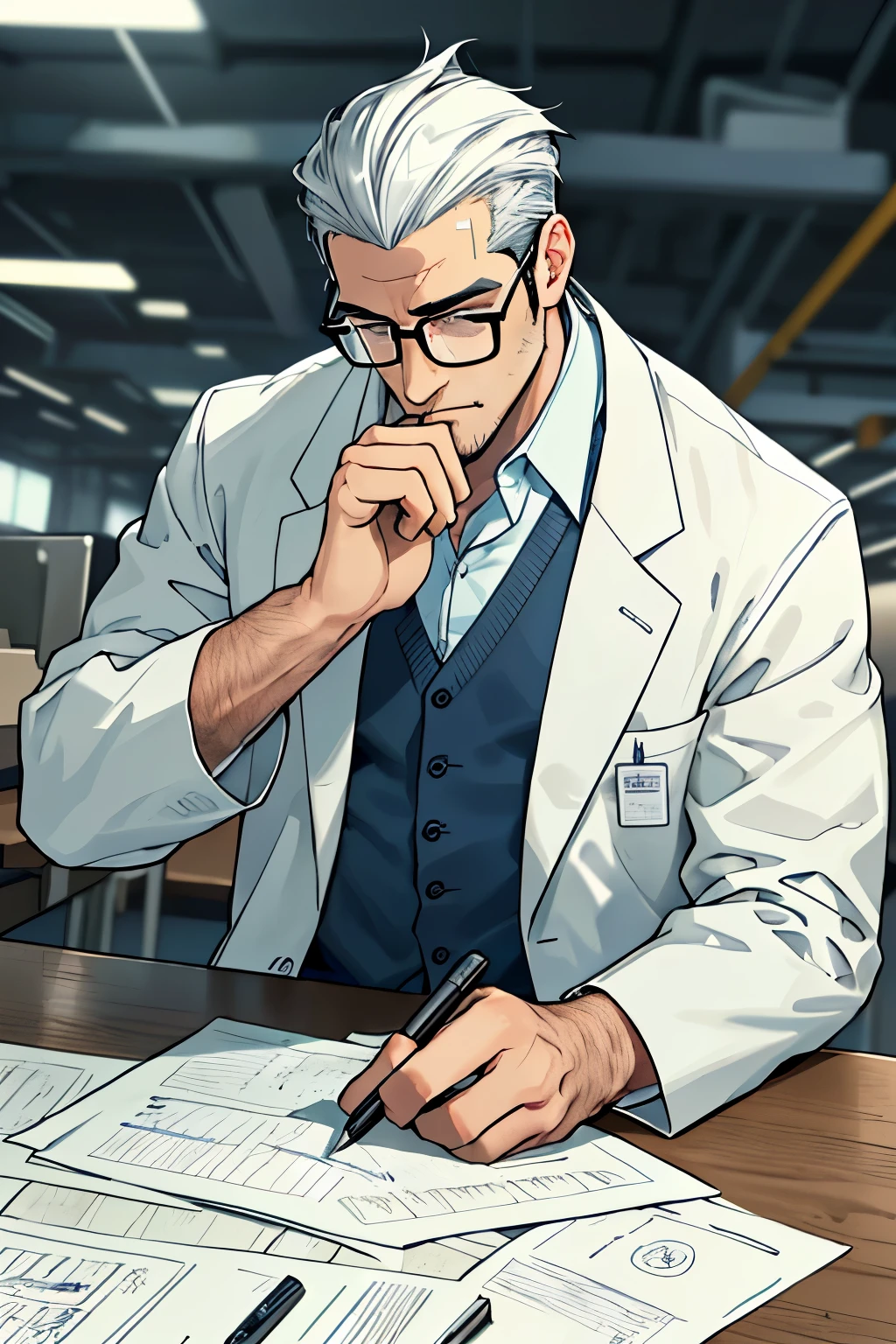 (High Definition, Industrial Psychologist, Man with glasses, White lab coat, Hair slicked back, Intense concentration), sitting at a long table in an industrial setting, Assembly line in the background, Parchment papers, Pens, Calculator, and Blueprints spread out, Deep in thought, One hand touches the tip of his chin, Other hand taps the table rhythmically.